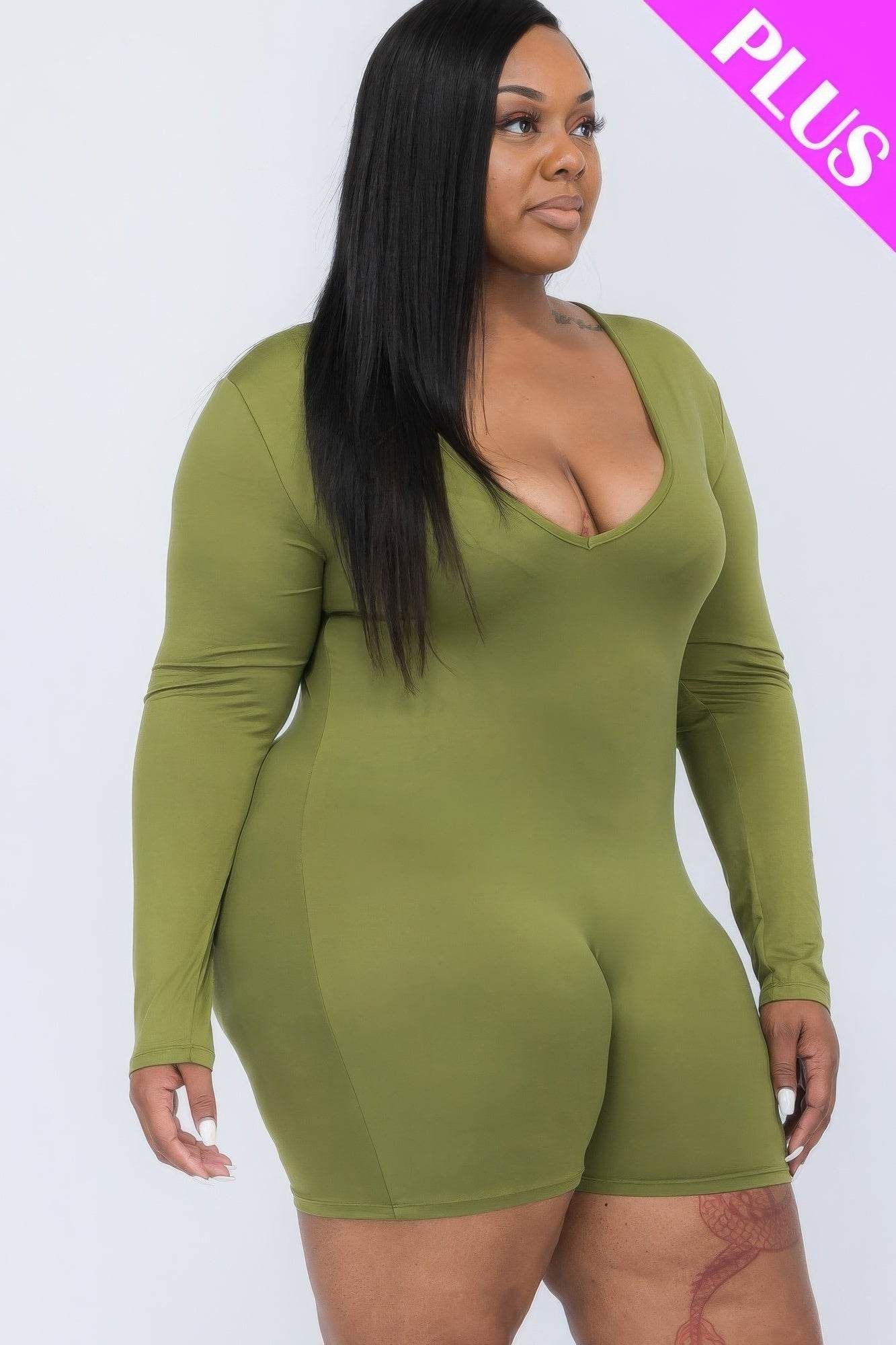 Plus V-neck Long Sleeve Bodycon Romper - DaTrendStore.Com