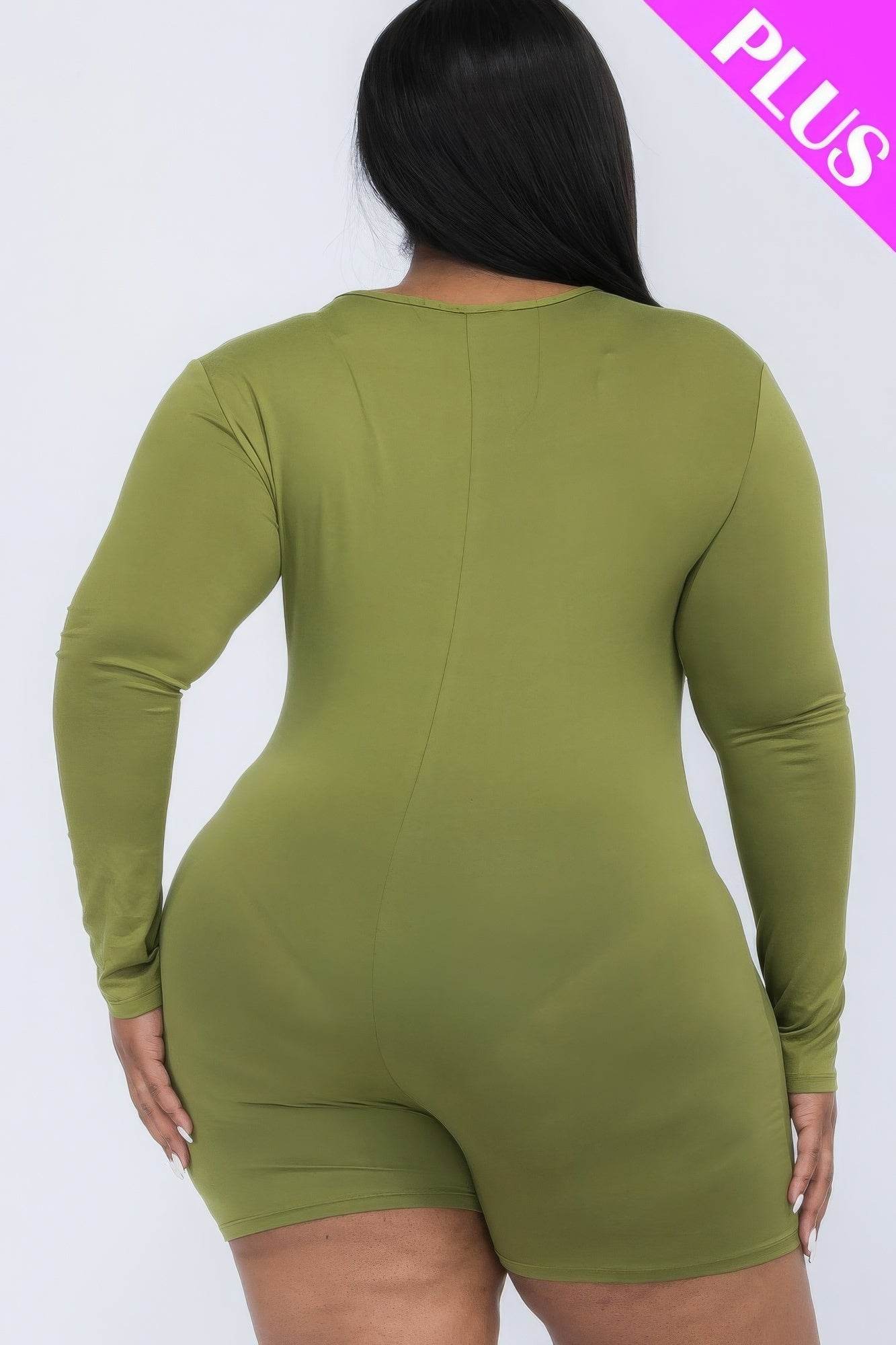 Plus V-neck Long Sleeve Bodycon Romper - DaTrendStore.Com