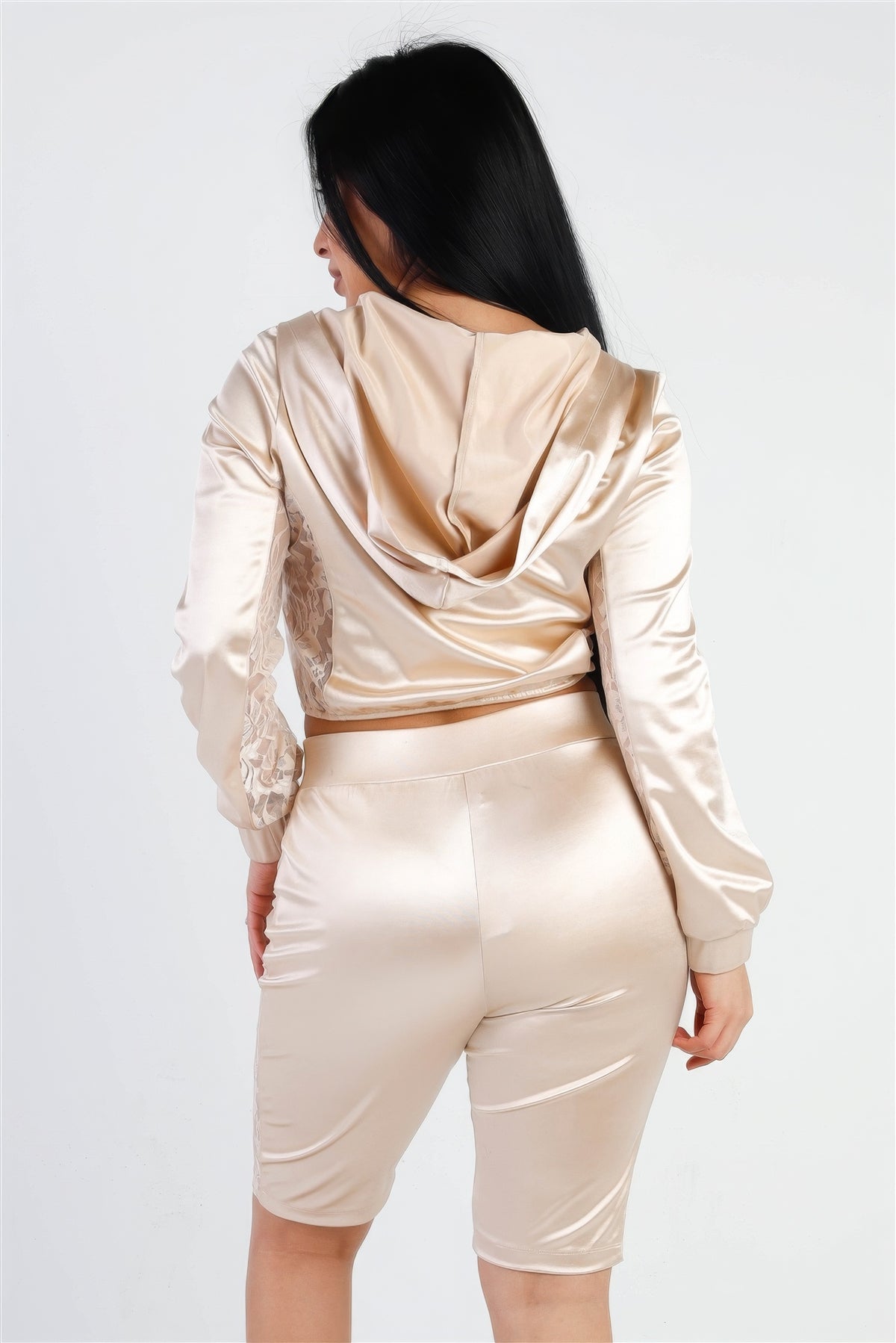 Satin Lace Details Long Sleeve Hooded Crop Top & Biker Short Set - Champagne