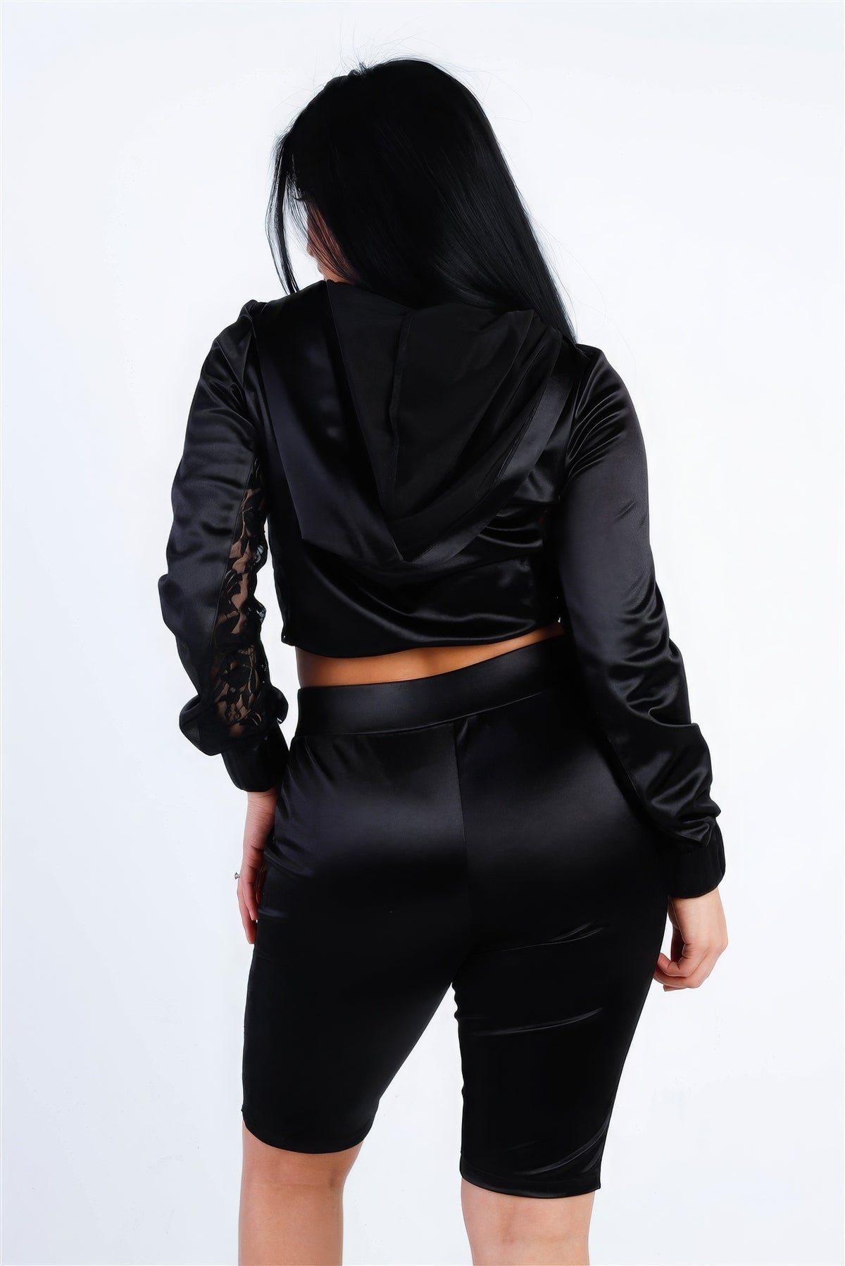 Satin Lace Details Long Sleeve Hooded Crop Top & Biker Short Set - Black