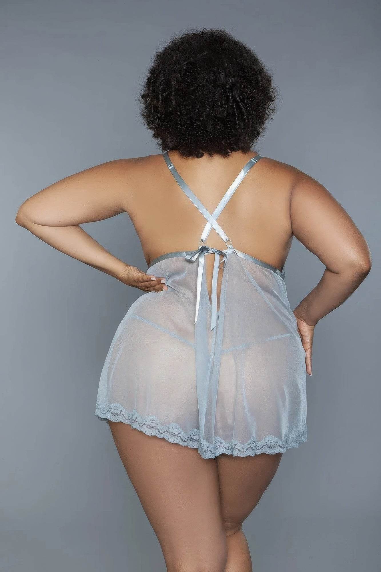 2 Pc Unlined Lace Cups Babydoll Sheer Mesh And Lace Front Panels Design - DaTrendStore.Com
