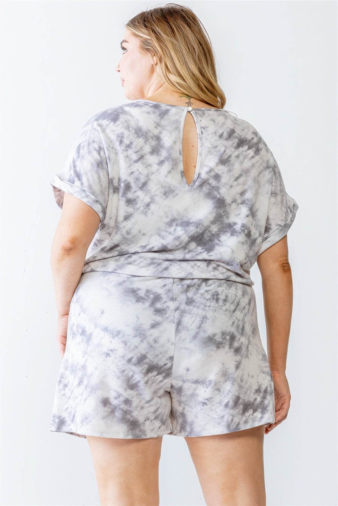 Plus Ivory & Grey Tie-dye Print Two Pocket Romper - DaTrendStore.Com