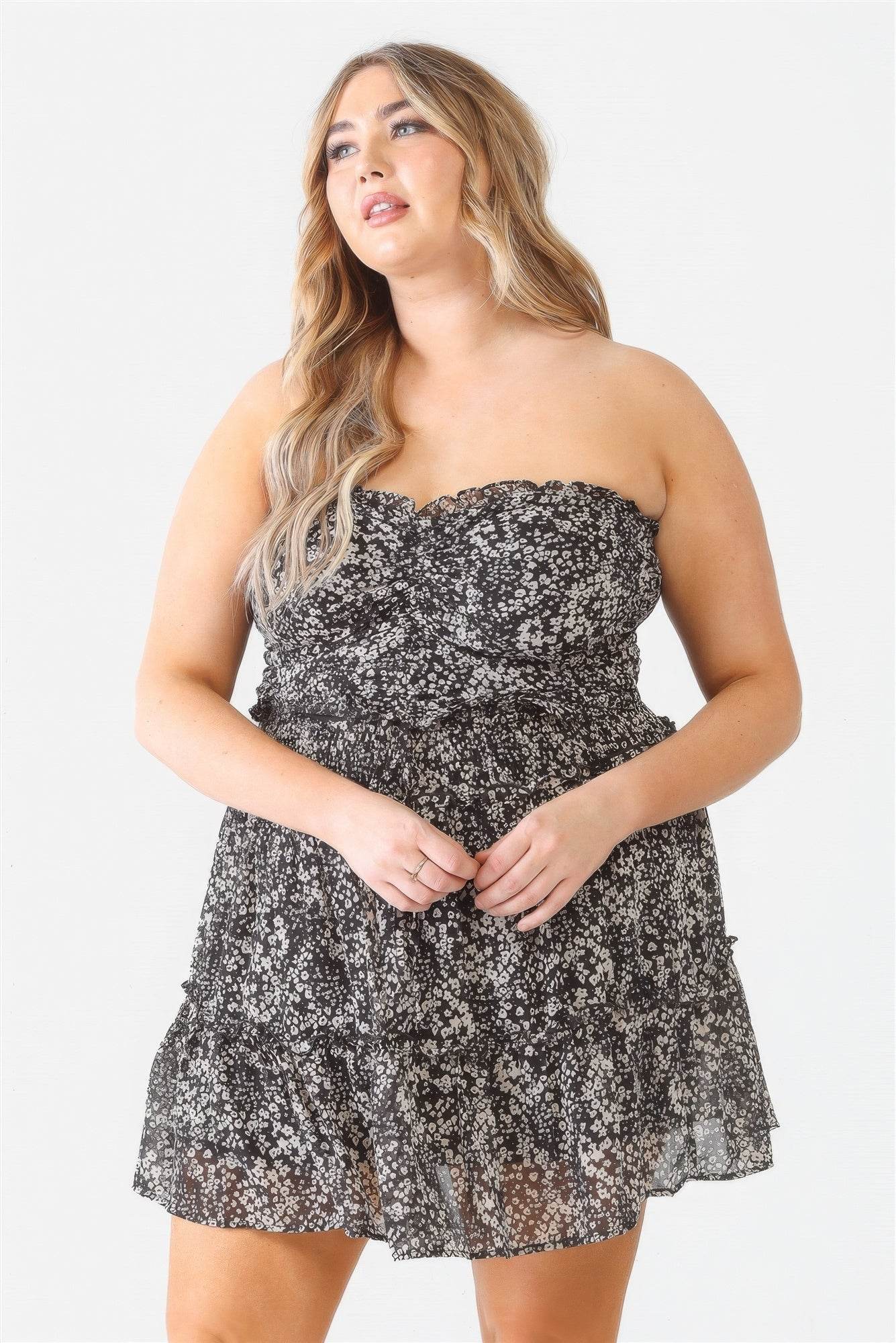 Plus Floral Print Ruched Ruffle Smocked Back Top & High Waist Flare Hem Mini Skirt Set - DaTrendStore.Com