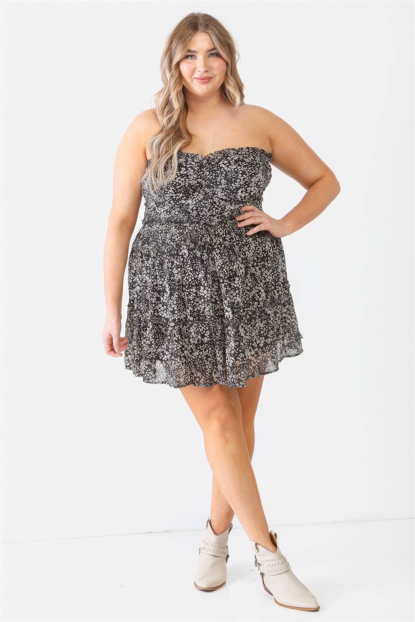 Plus Floral Print Ruched Ruffle Smocked Back Top & High Waist Flare Hem Mini Skirt Set - DaTrendStore.Com