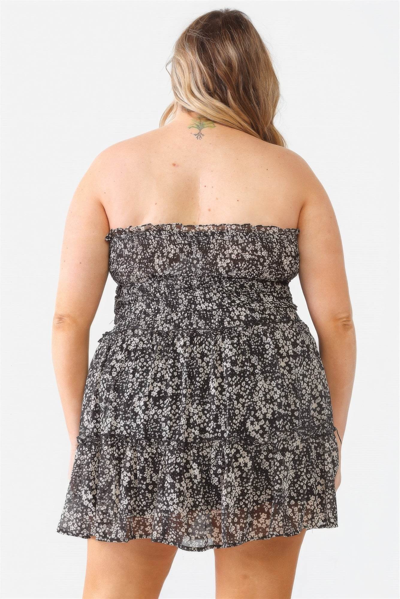 Plus Floral Print Ruched Ruffle Smocked Back Top & High Waist Flare Hem Mini Skirt Set - DaTrendStore.Com