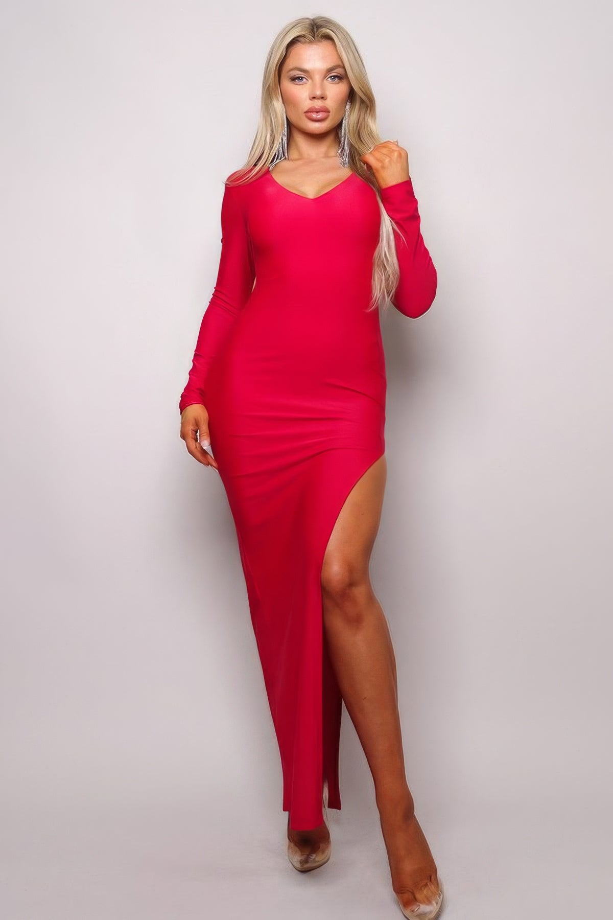 Long Sleeve V Neck Open Back Maxi Dress - Red