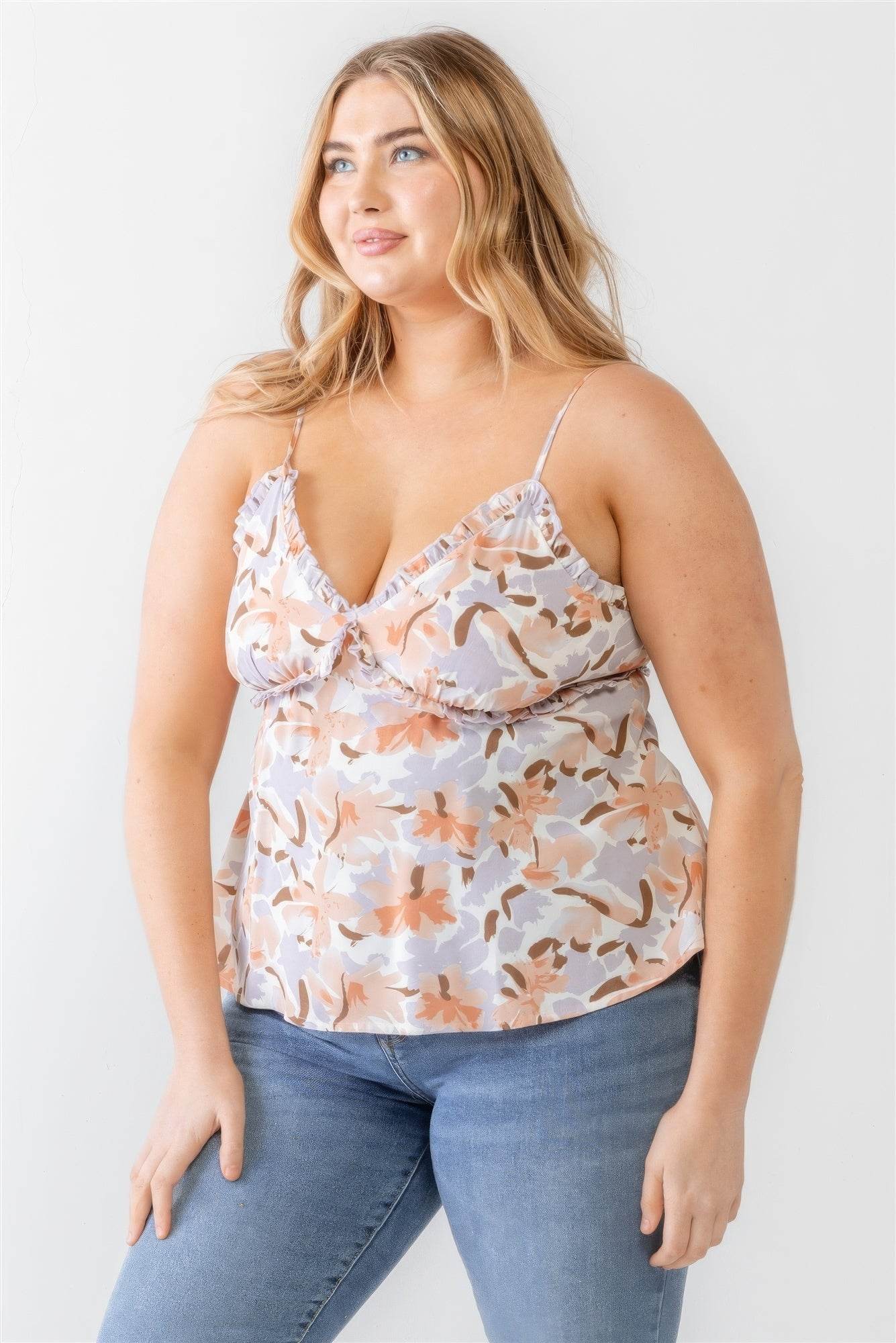 Plus Floral Print Woven Ruffle Sleeveless Back Zipper Tank Top - DaTrendStore.Com