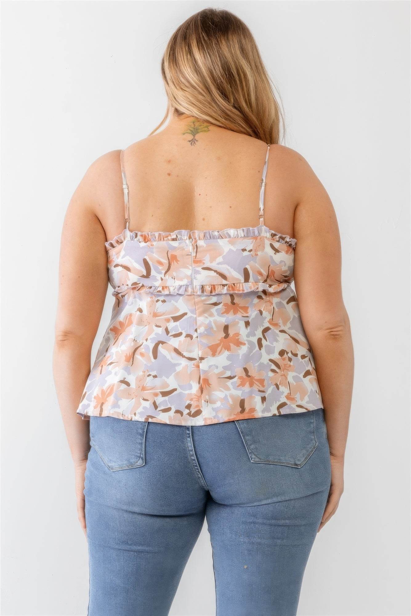 Plus Floral Print Woven Ruffle Sleeveless Back Zipper Tank Top - DaTrendStore.Com