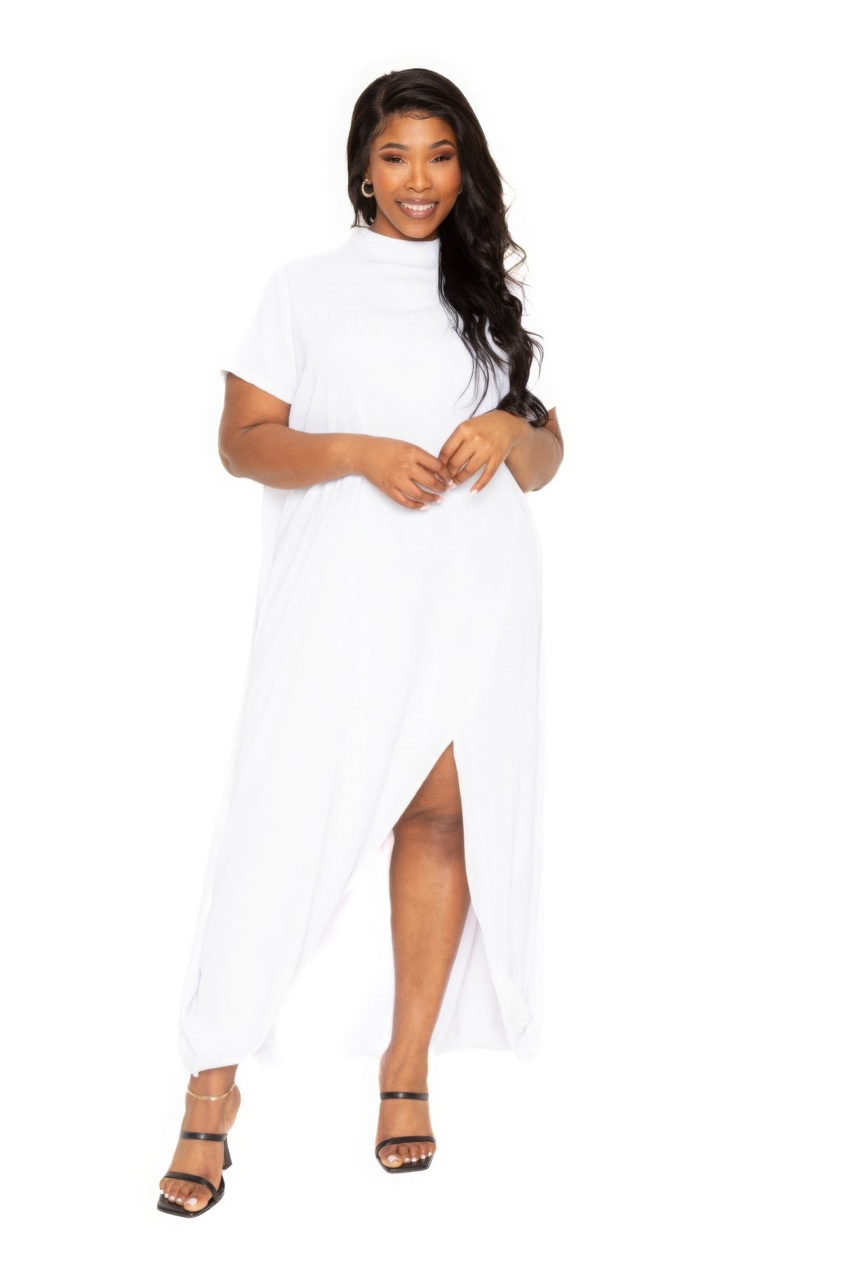 White Mock neck back cape dress
