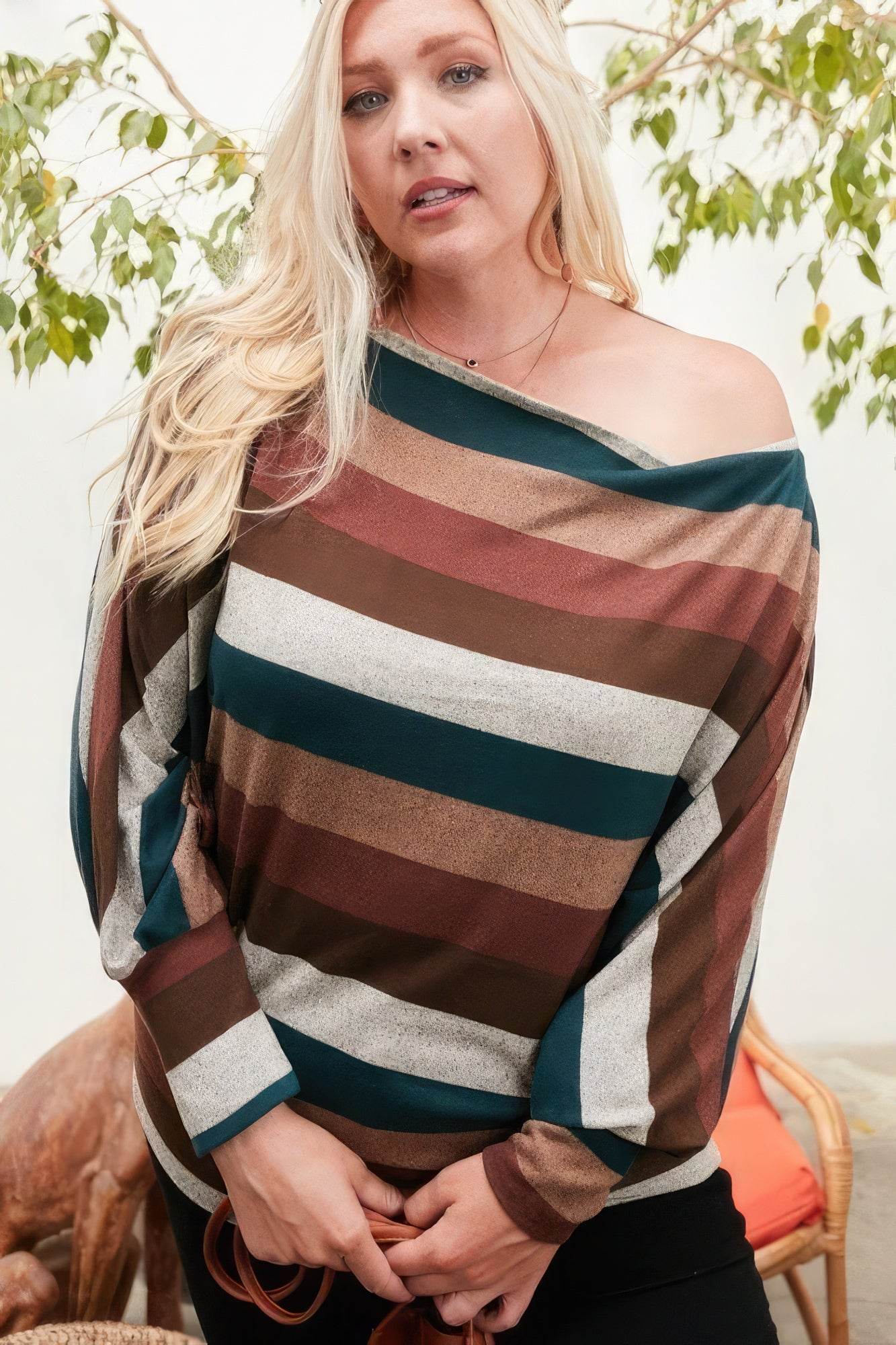 Boat Neck Long Bubble Sleeve Multi Stripe Print Knit Top - DaTrendStore.Com