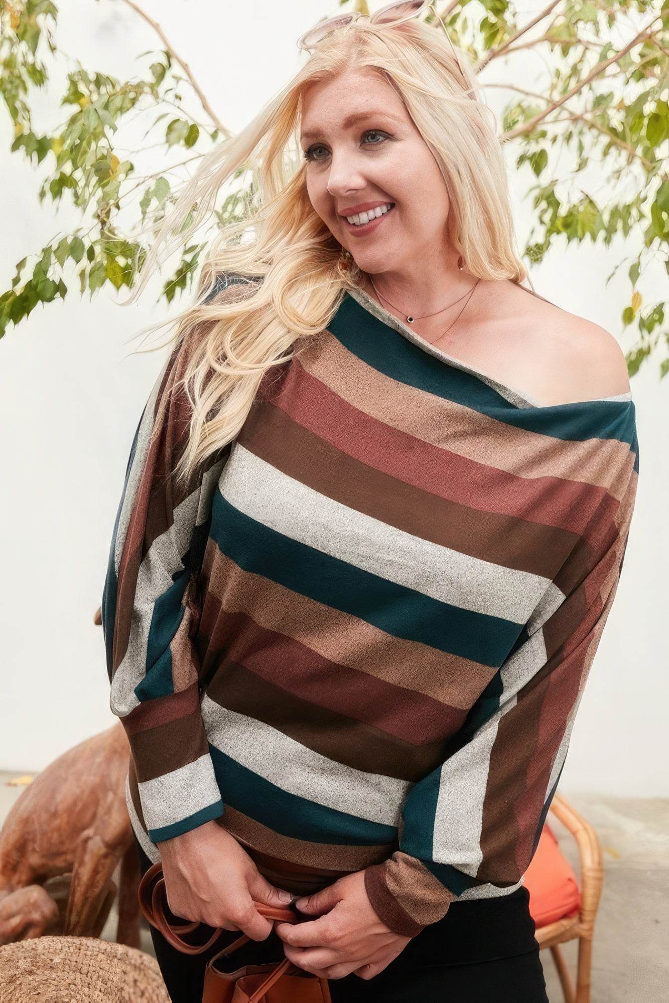 Boat Neck Long Bubble Sleeve Multi Stripe Print Knit Top - DaTrendStore.Com