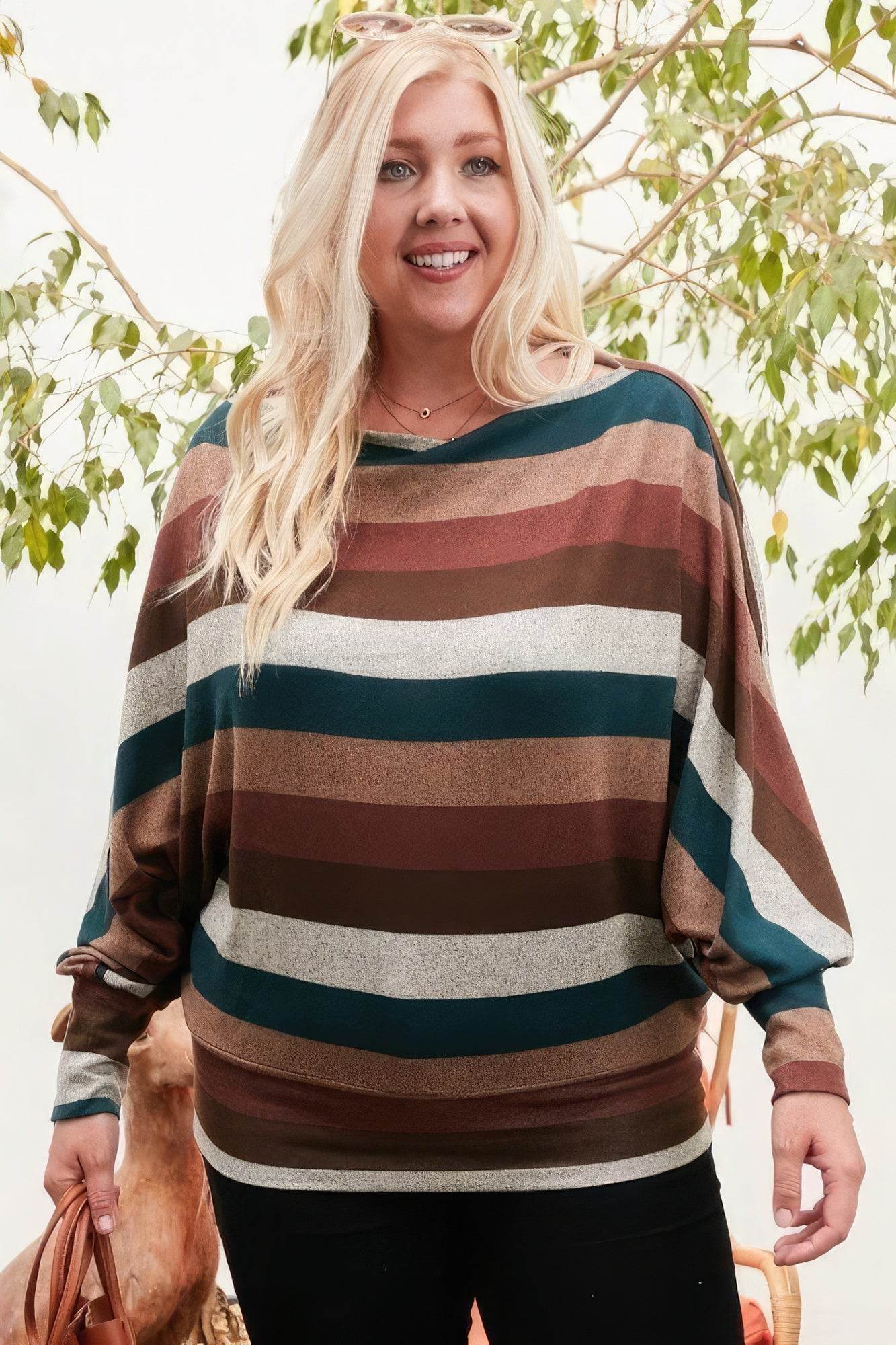 Boat Neck Long Bubble Sleeve Multi Stripe Print Knit Top - DaTrendStore.Com