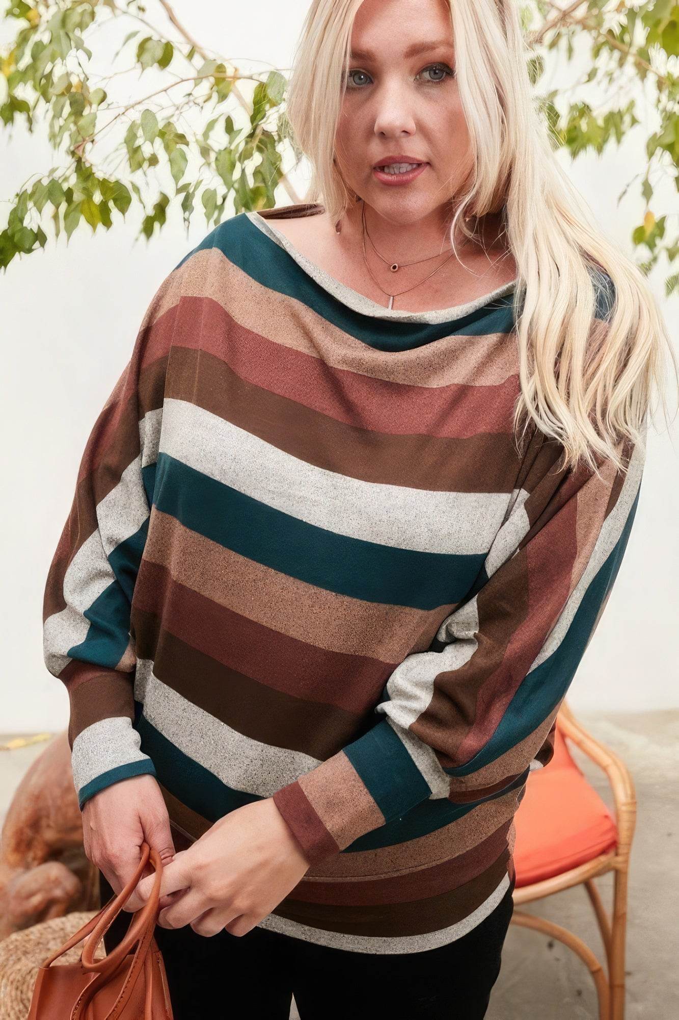 Boat Neck Long Bubble Sleeve Multi Stripe Print Knit Top - DaTrendStore.Com