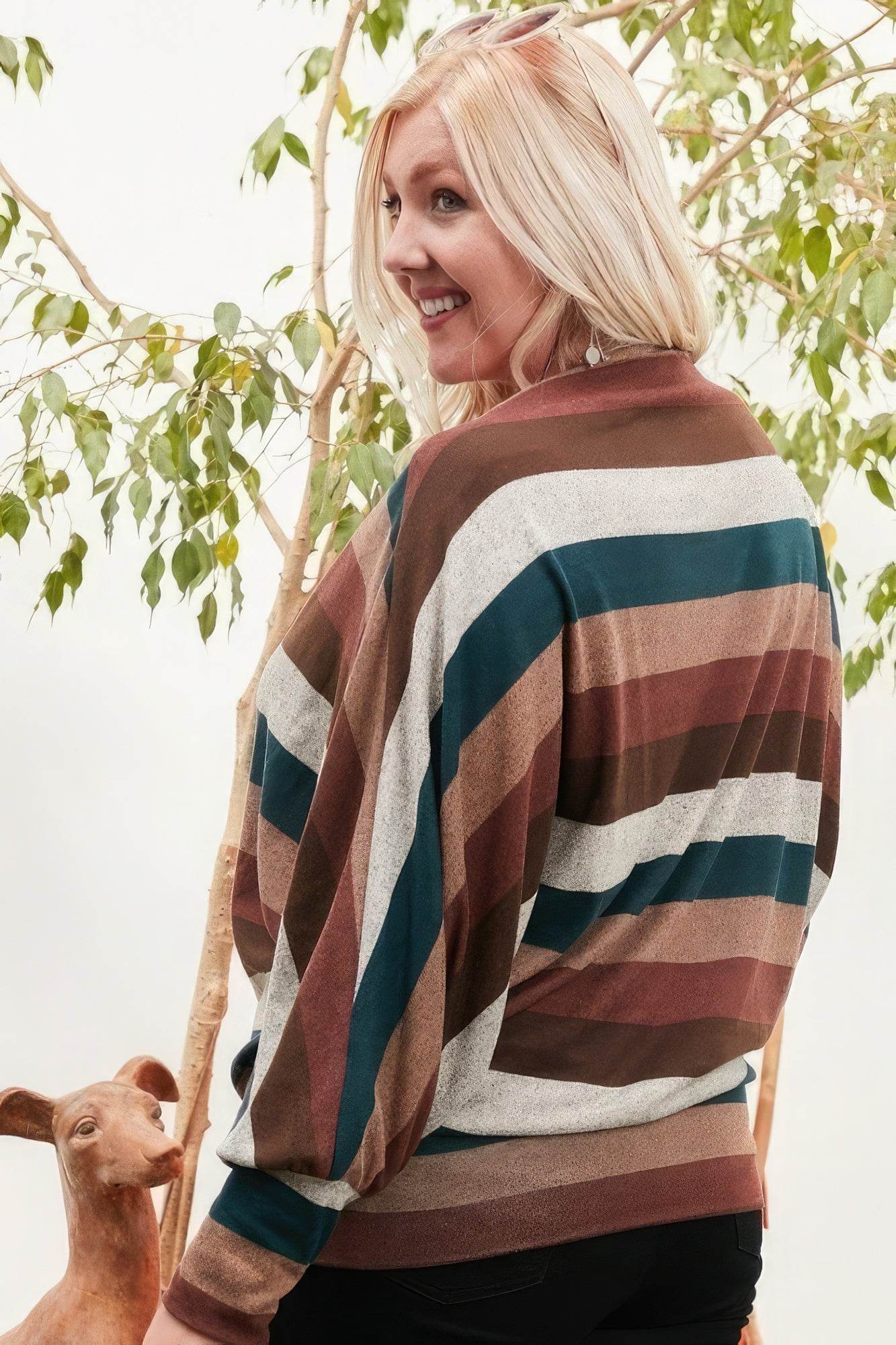 Boat Neck Long Bubble Sleeve Multi Stripe Print Knit Top - DaTrendStore.Com