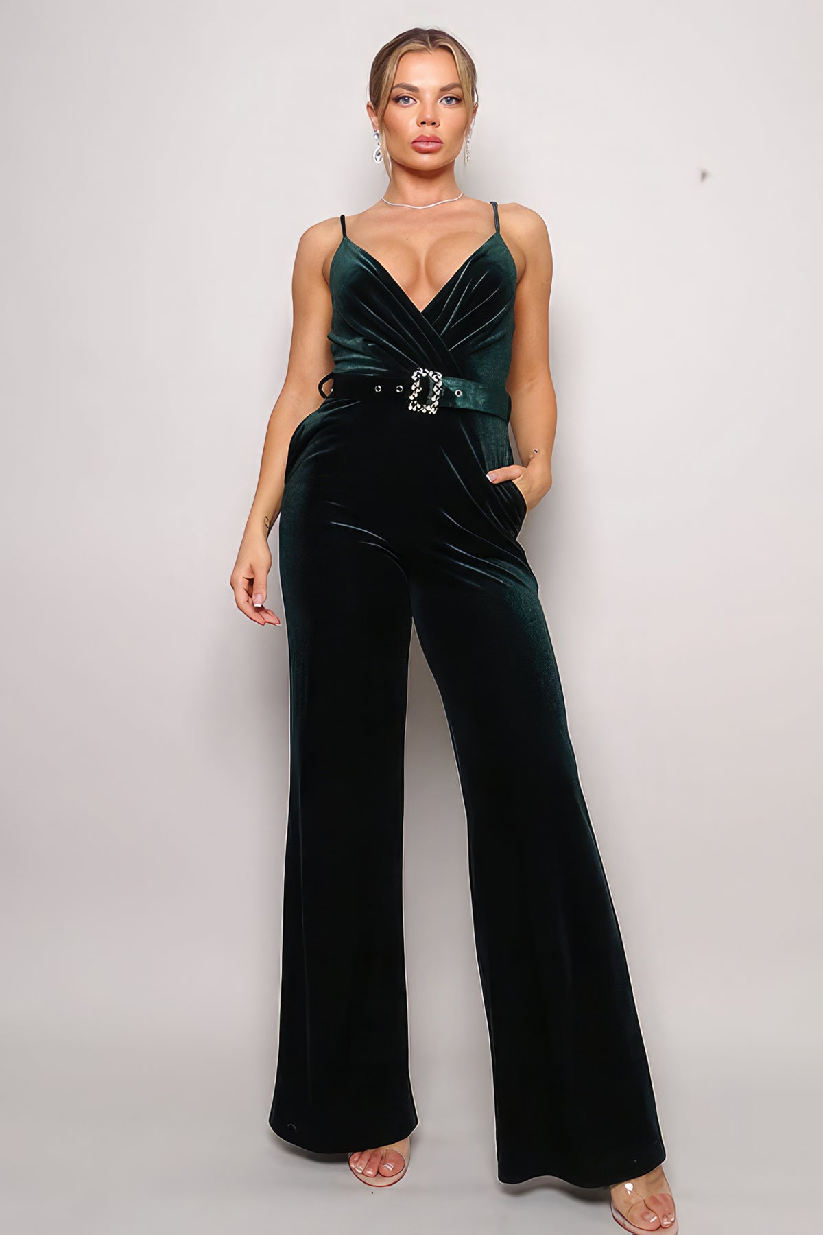 Samba Rhinestone Belt Velvet Jumpsuit - Hunter