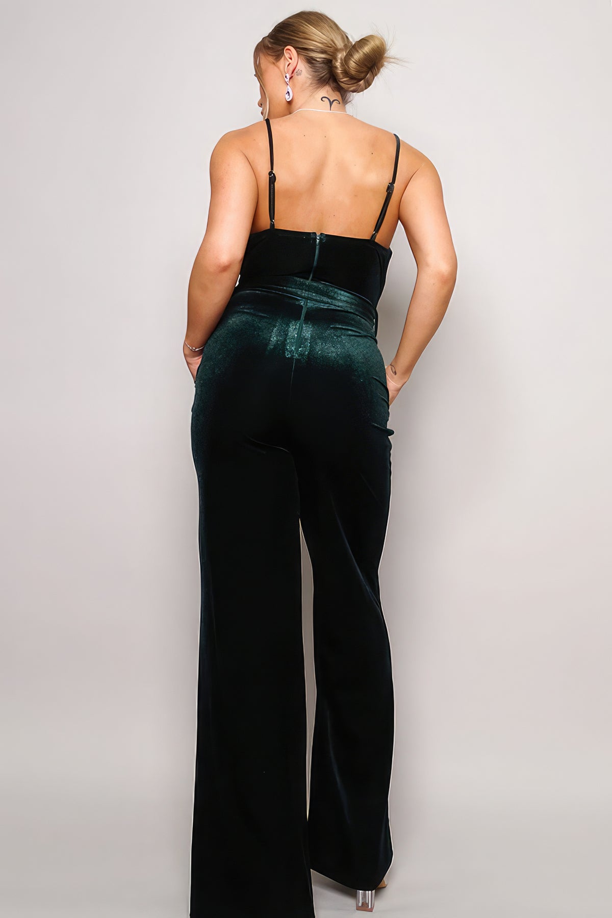 Samba Rhinestone Belt Velvet Jumpsuit - Hunter