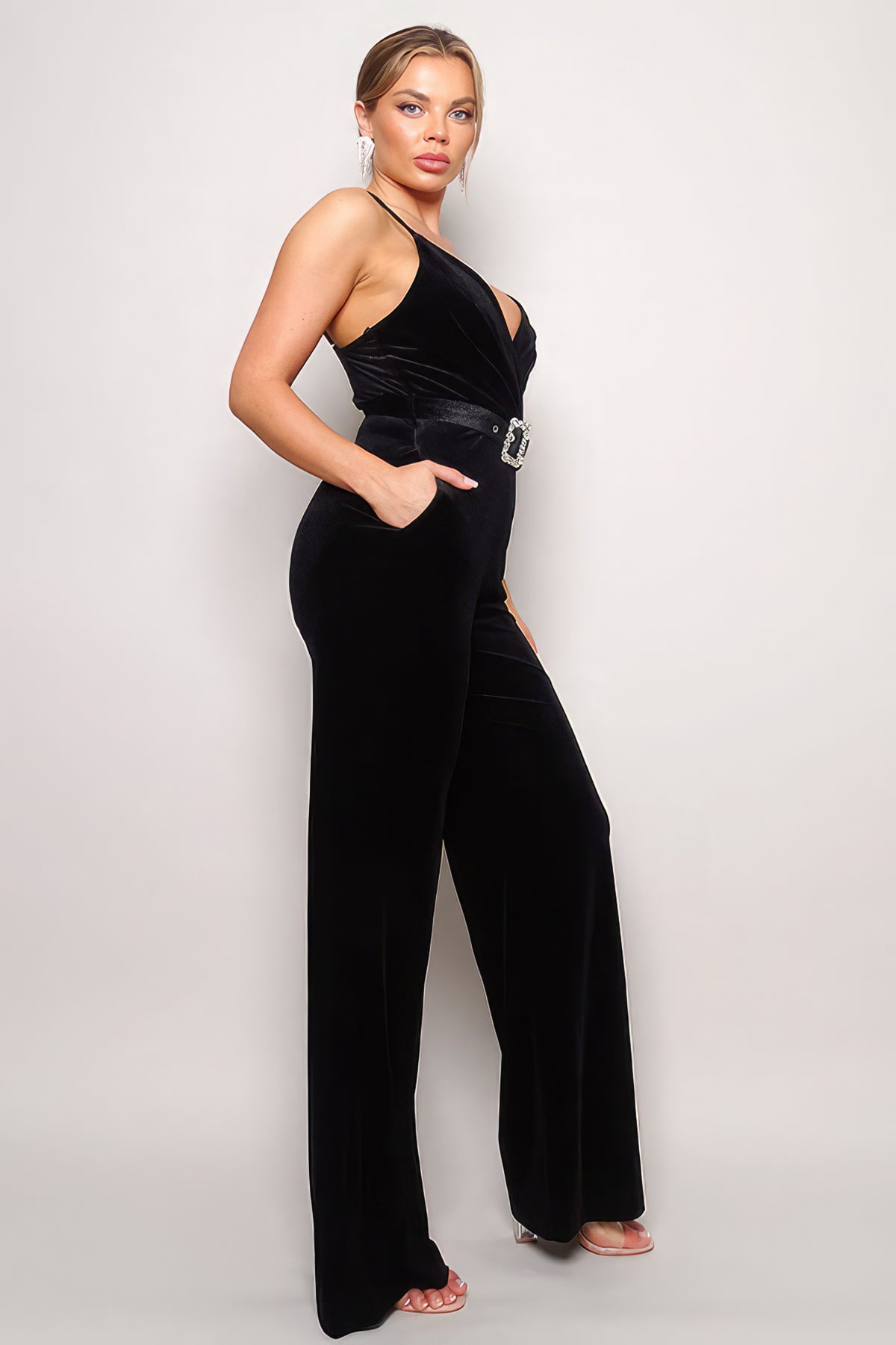 Samba Rhinestone Belt Velvet Jumpsuit - Black