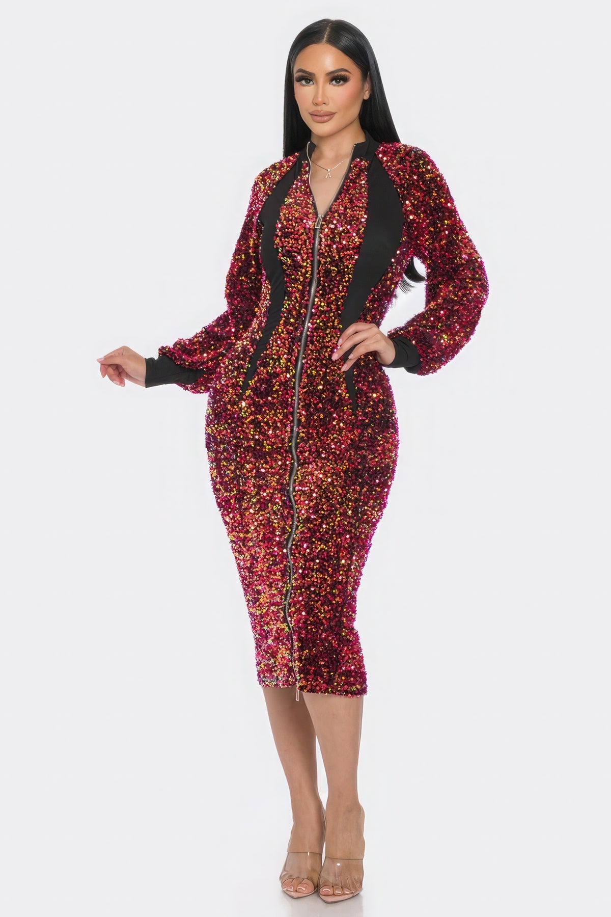 Midi 2 Way Zip Up Sequin Contrast Dress - Pink Black