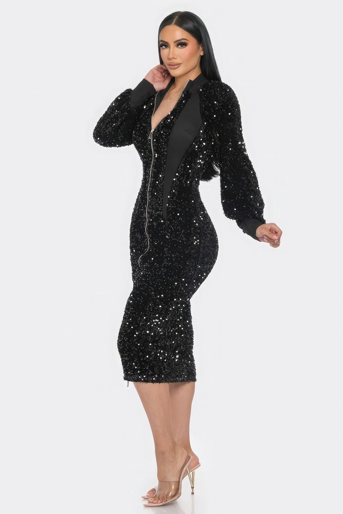 Midi 2 Way Zip Up Sequin Contrast Dress - Black