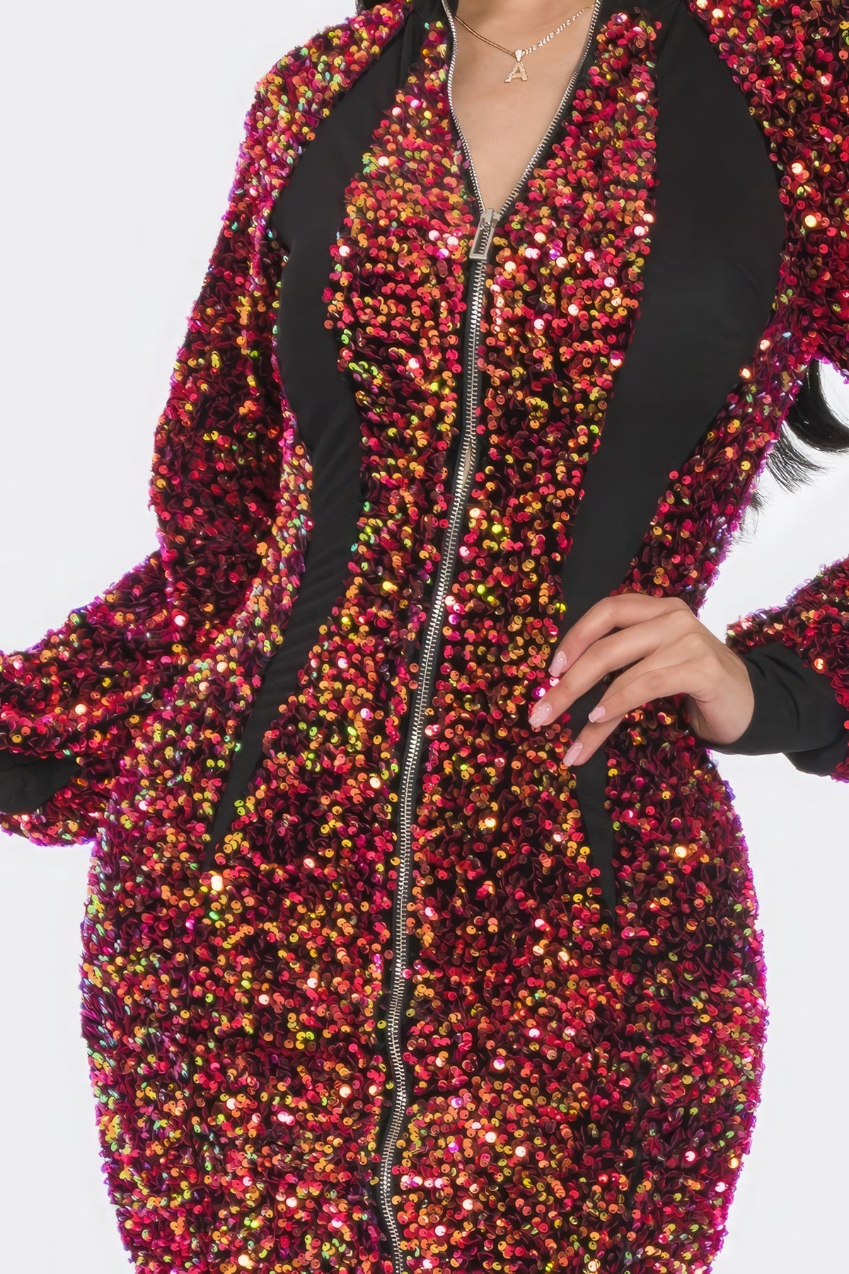 Midi 2 Way Zip Up Sequin Contrast Dress - Pink Black