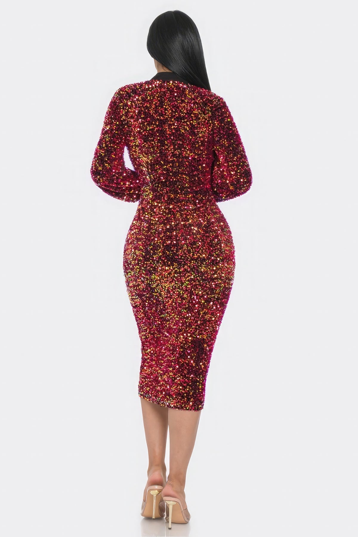 Midi 2 Way Zip Up Sequin Contrast Dress - Pink Black