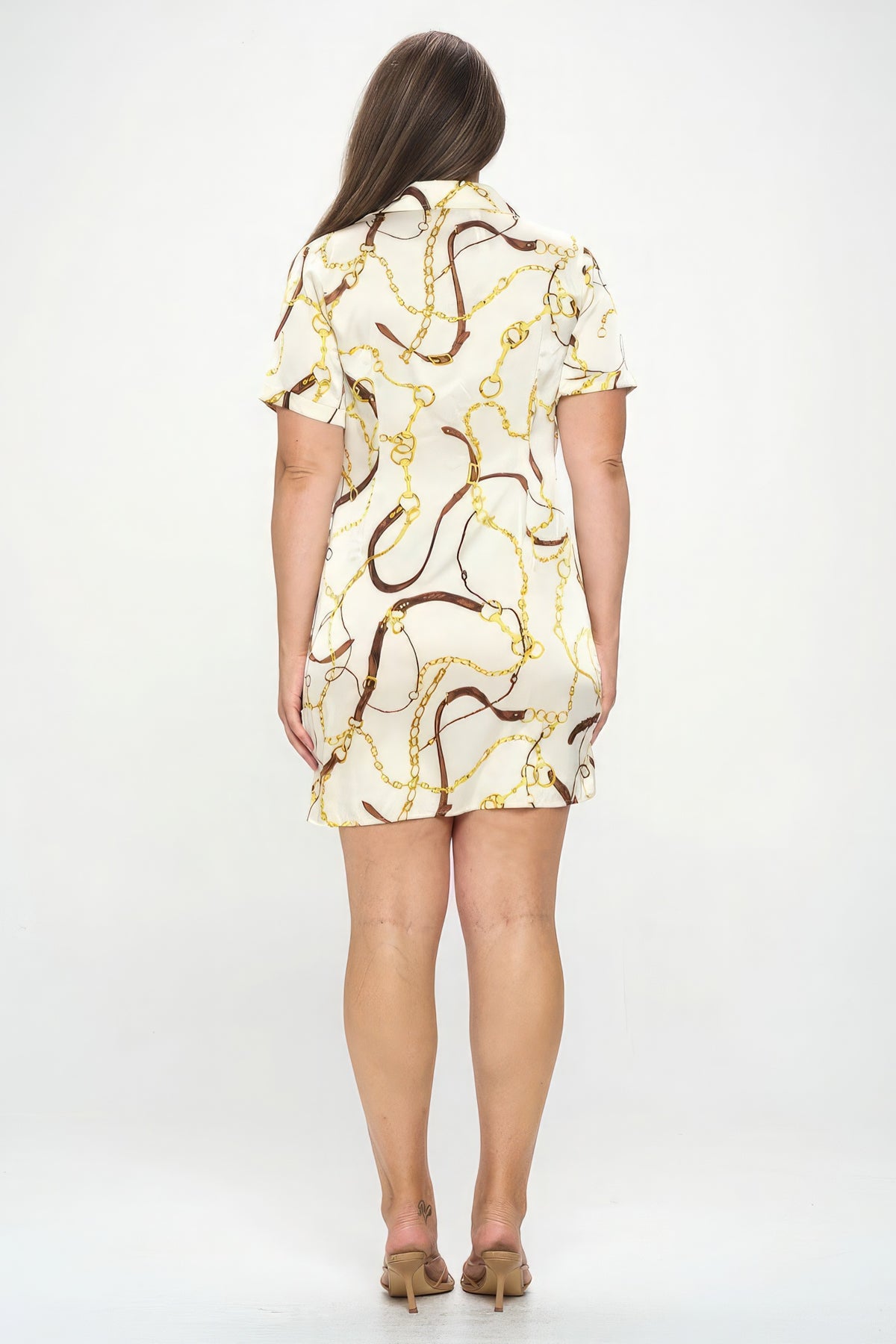 Cream Plus Chain Belt Print Short Sleeve Wrap Tie Dress