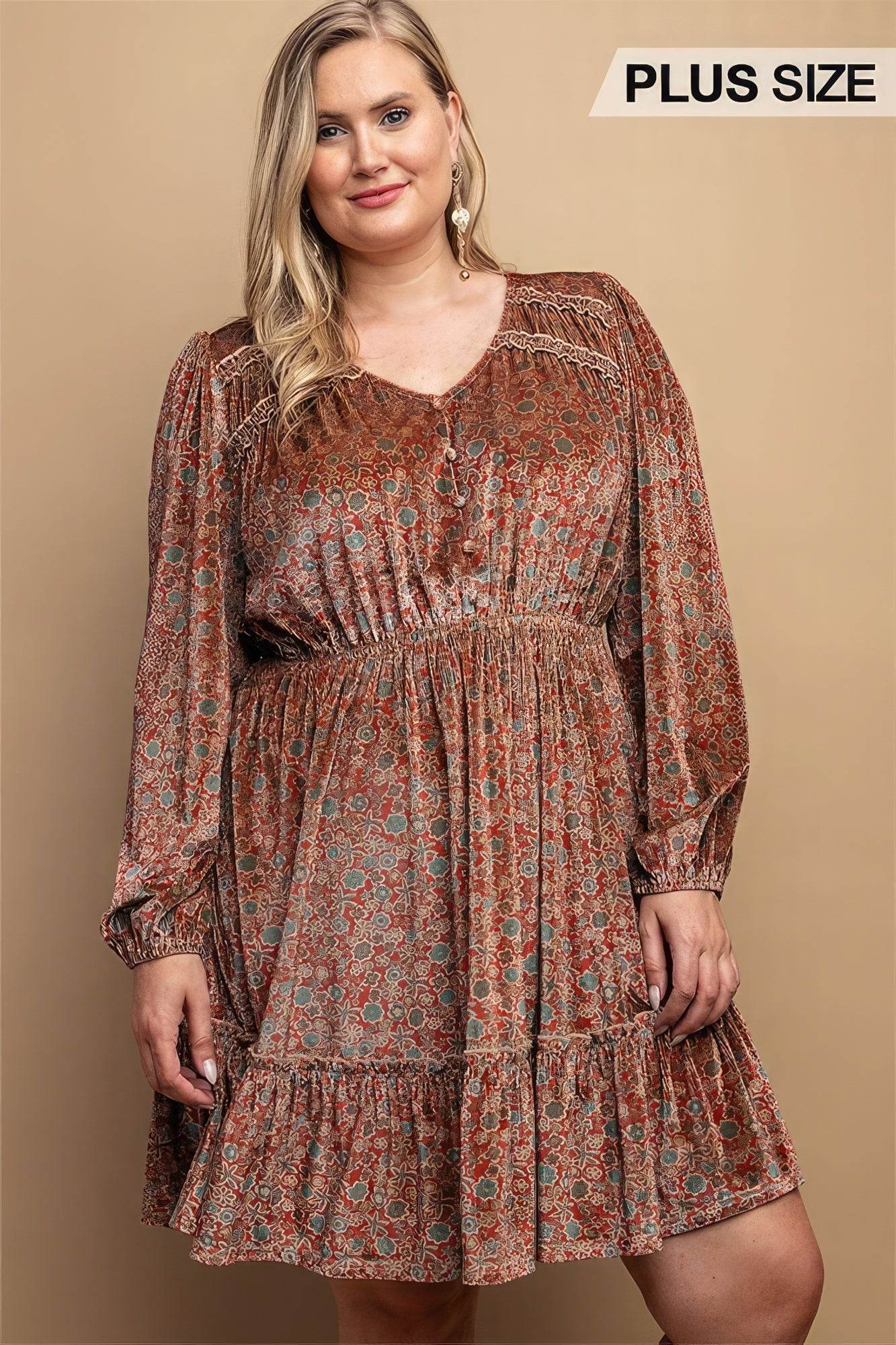 Printed Velvet V-neck Dress With Button Front Detail - DaTrendStore.Com