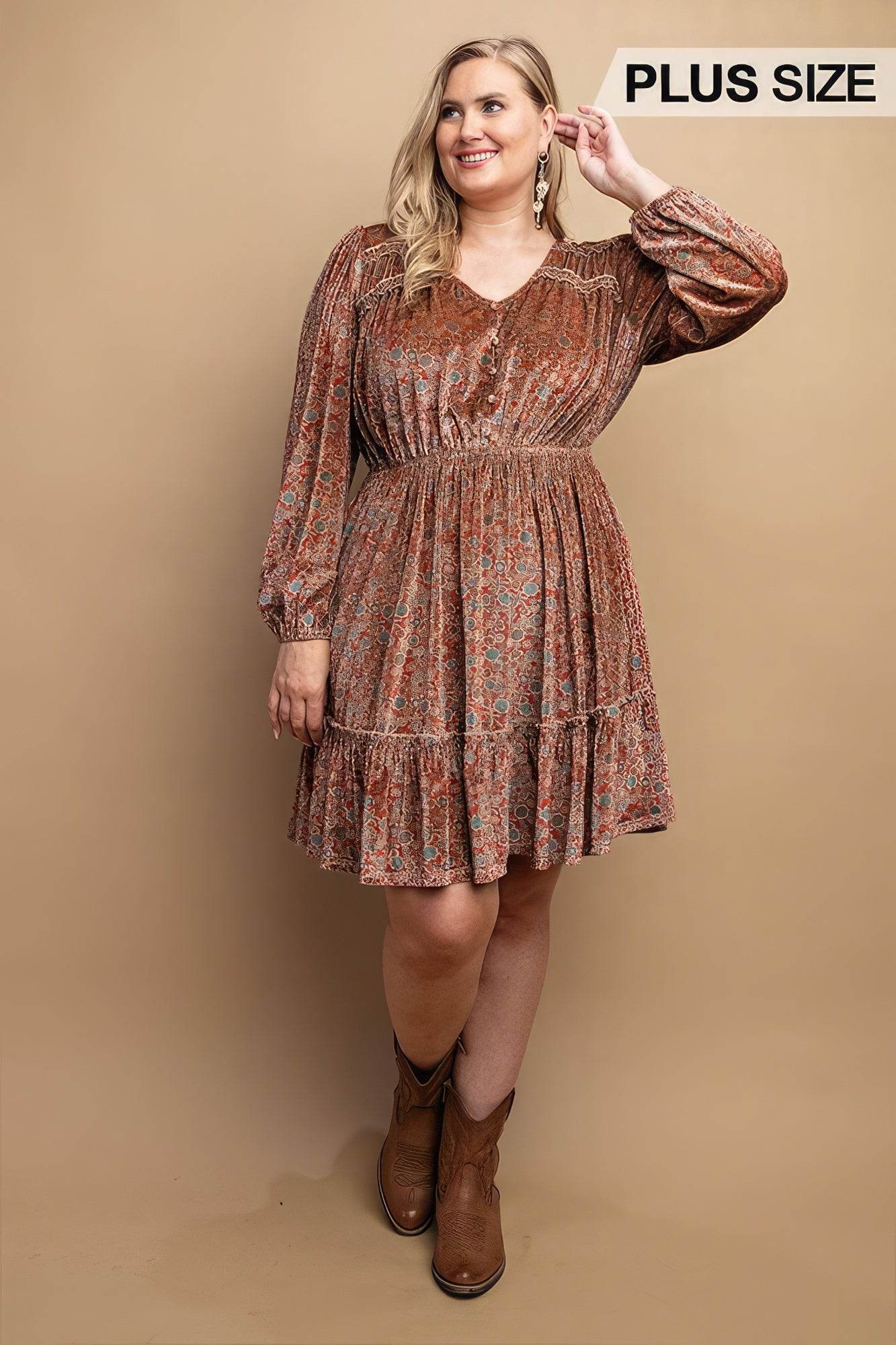 Printed Velvet V-neck Dress With Button Front Detail - DaTrendStore.Com