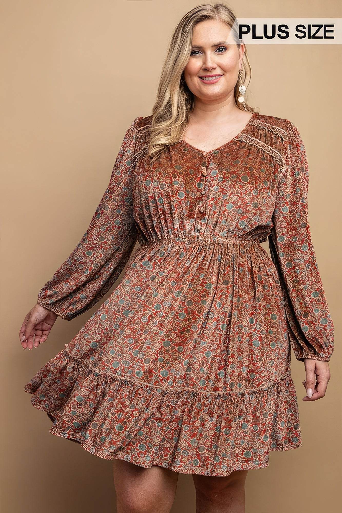 Printed Velvet V-neck Dress With Button Front Detail - DaTrendStore.Com