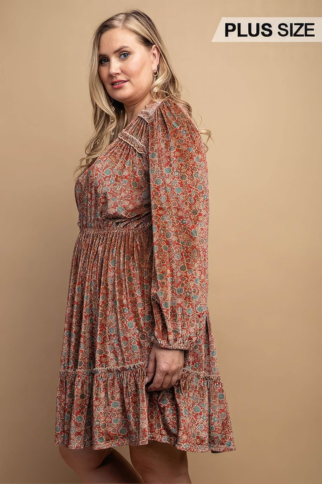 Printed Velvet V-neck Dress With Button Front Detail - DaTrendStore.Com