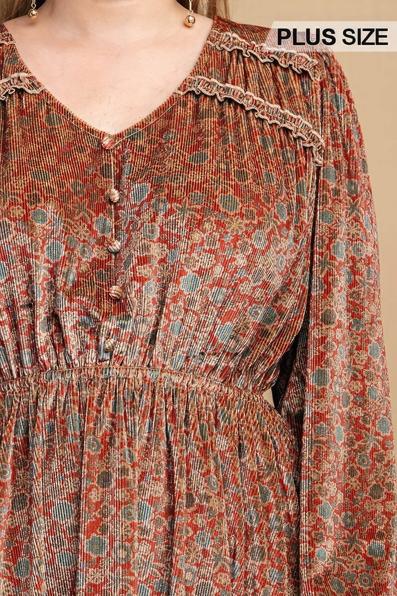 Printed Velvet V-neck Dress With Button Front Detail - DaTrendStore.Com