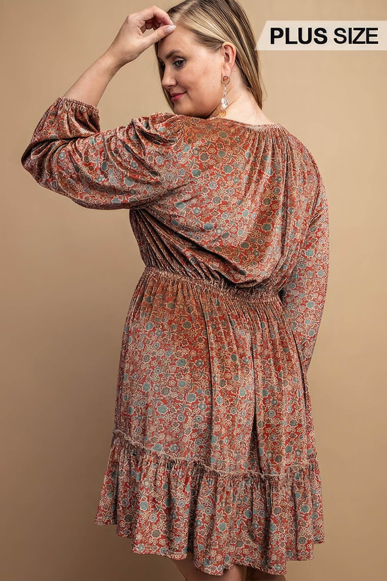 Printed Velvet V-neck Dress With Button Front Detail - DaTrendStore.Com