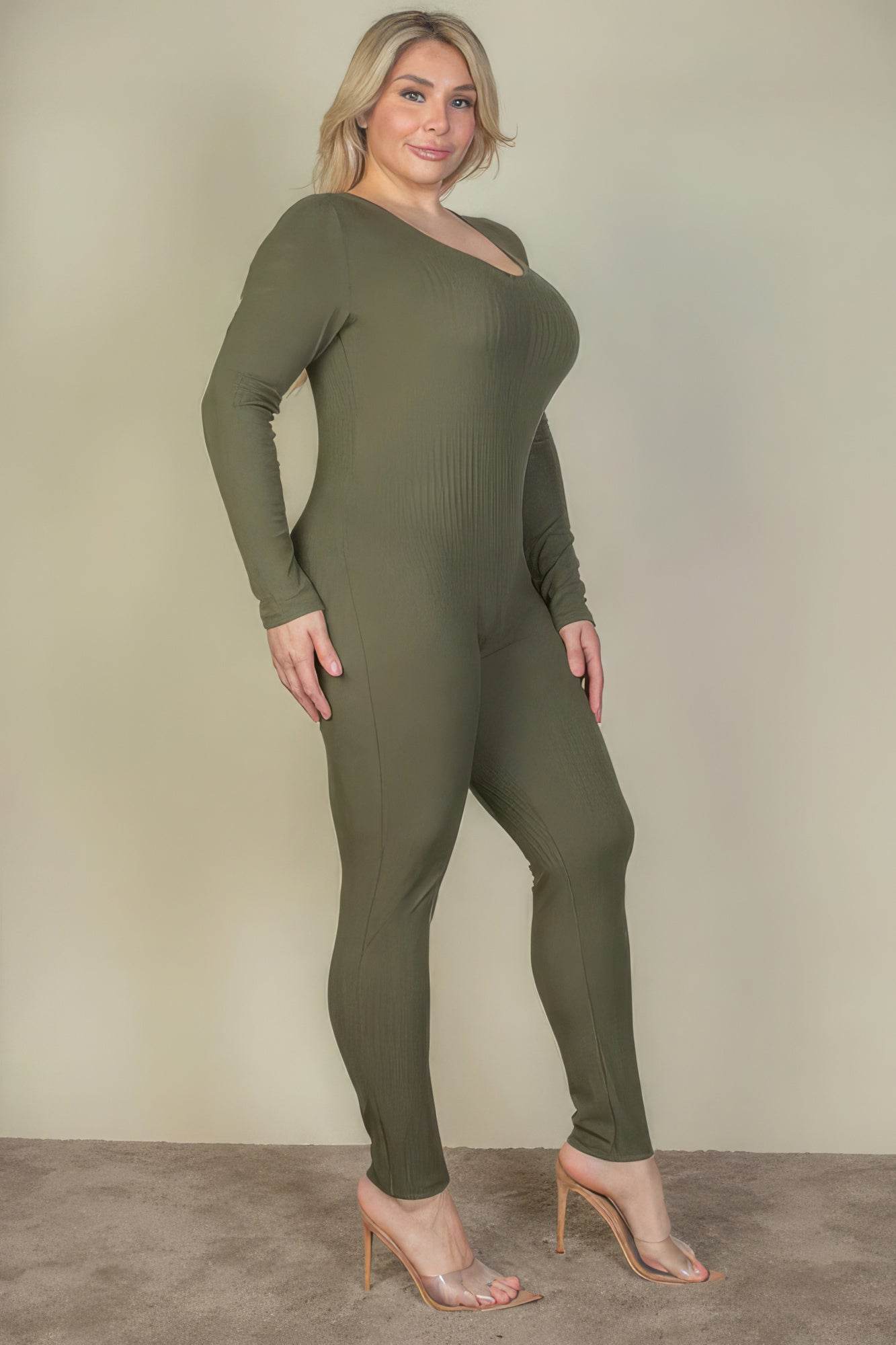 Plus Size Ribbed Scoop Neck Long Sleeve Jumpsuit - DaTrendStore.Com