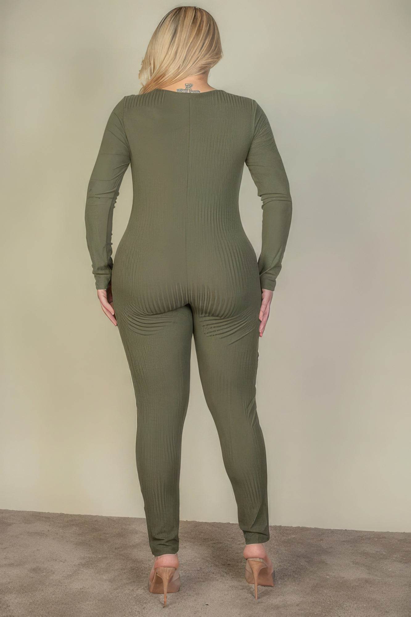 Plus Size Ribbed Scoop Neck Long Sleeve Jumpsuit - DaTrendStore.Com