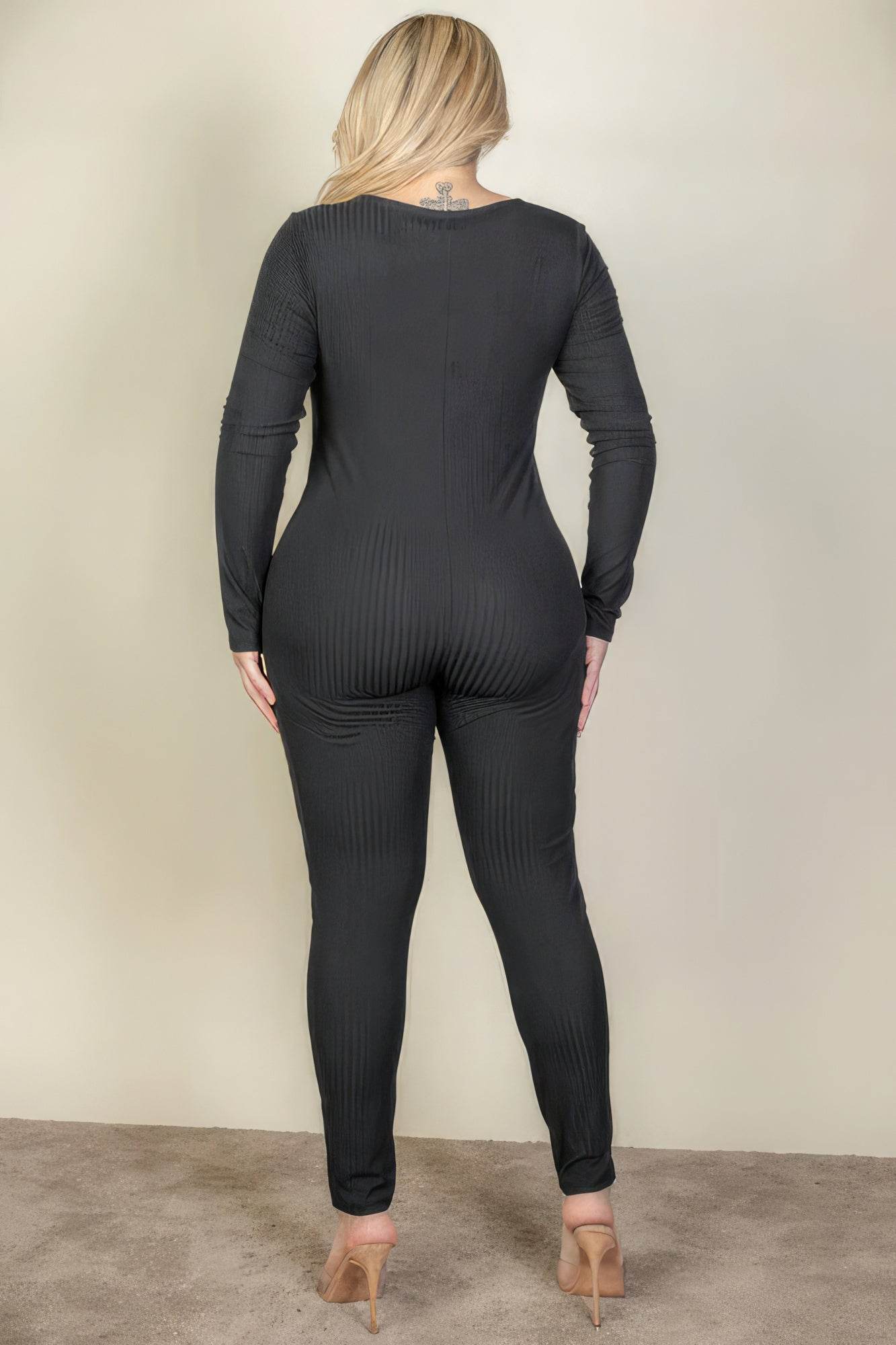 Plus Size Ribbed Scoop Neck Long Sleeve Jumpsuit - DaTrendStore.Com