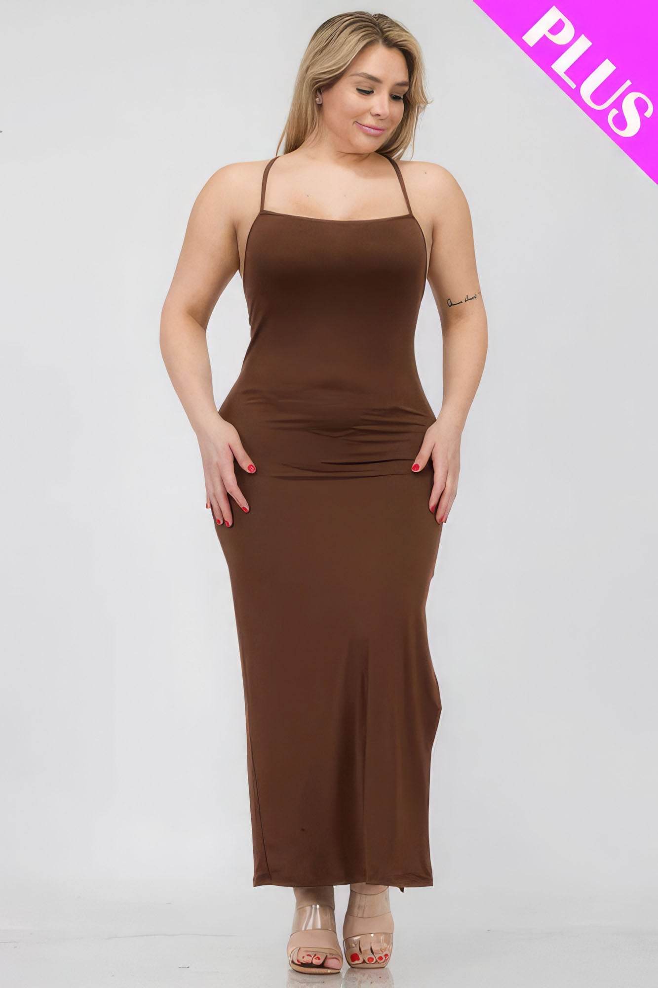 Plus Size Crisscross Back Split Thigh Maxi Dress - DaTrendStore.Com