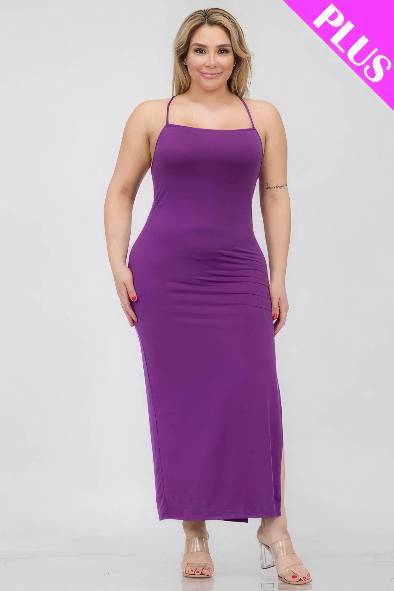 Plus Size Crisscross Back Split Thigh Maxi Dress - DaTrendStore.Com