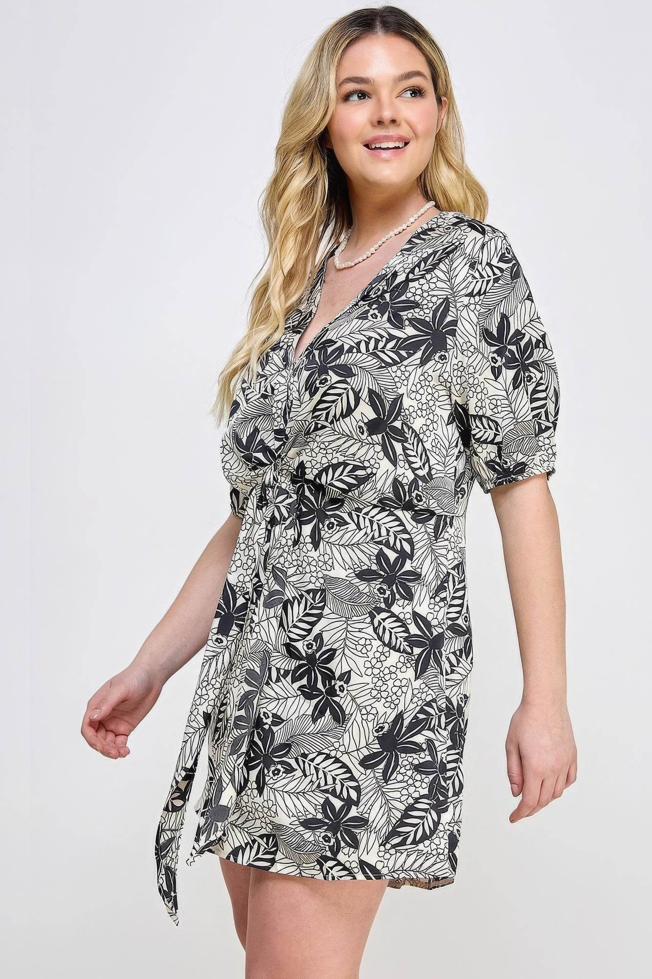 Plus Botanical Print Front Tie Dress - DaTrendStore.Com