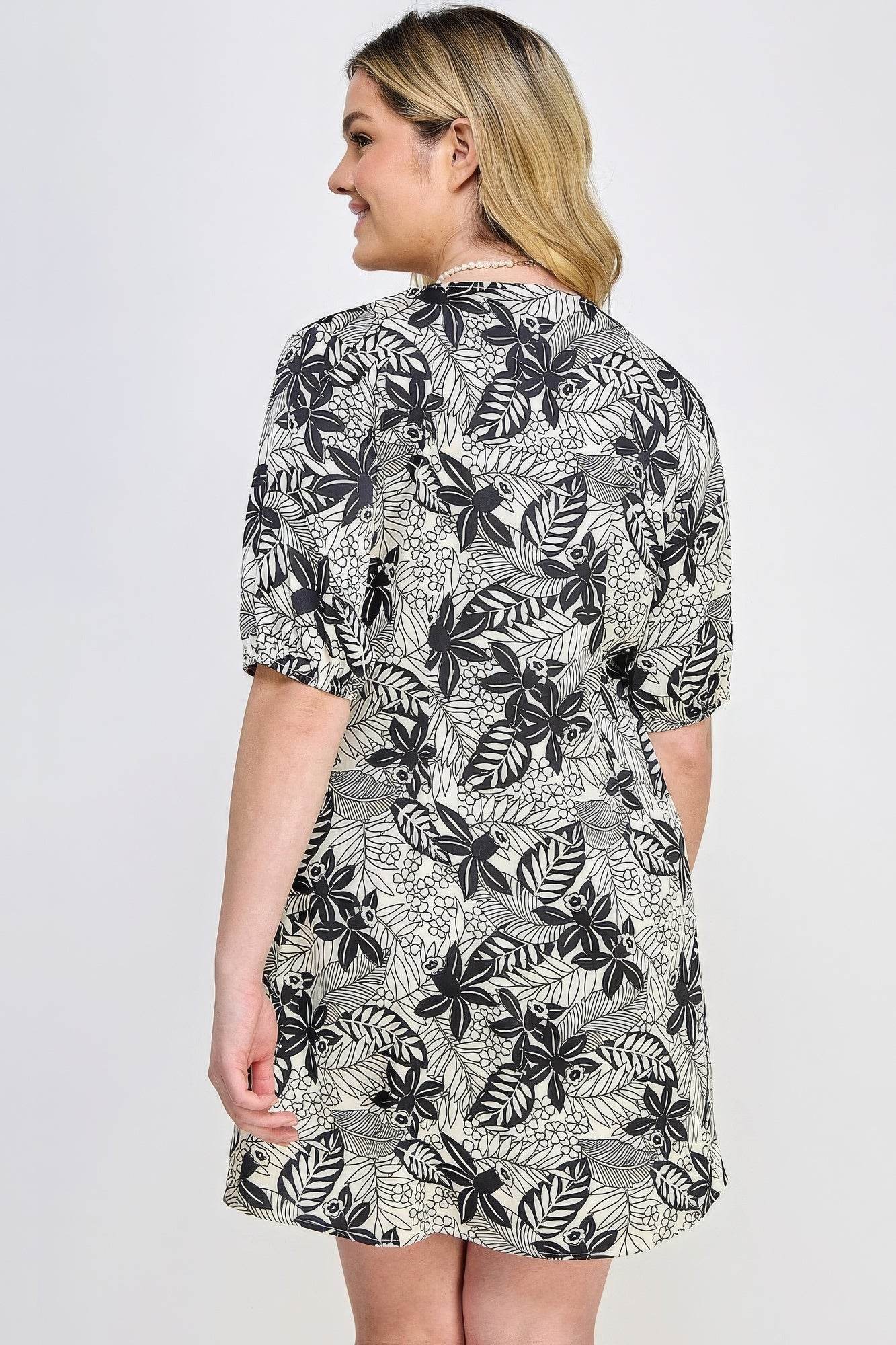 Plus Botanical Print Front Tie Dress - DaTrendStore.Com