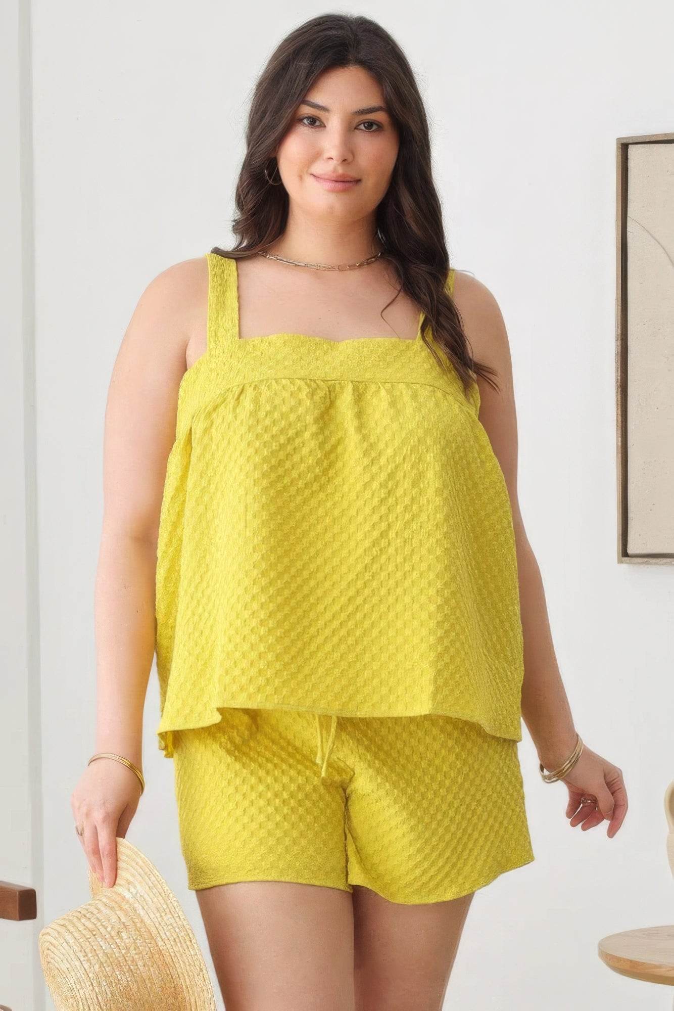 Plus Size Textured Top Elastic Waist Short Sets - DaTrendStore.Com