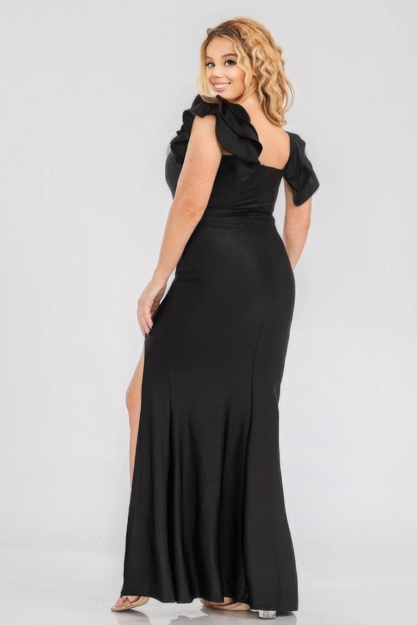 Plus Satin Strech Ruffle Party Maxi Dress - DaTrendStore.Com