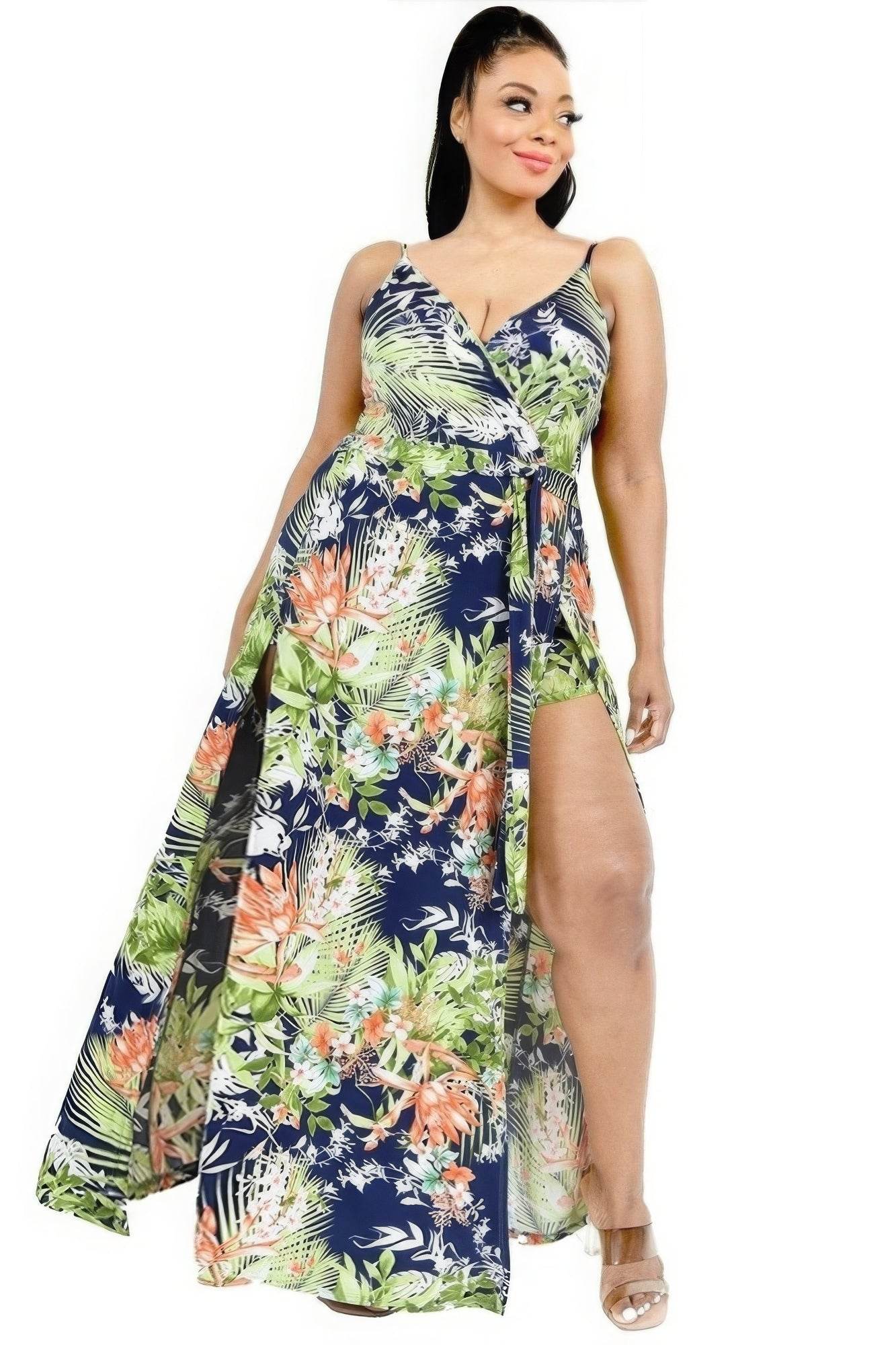 Plus Tropical Leaf Print Surplice Maxi Dress - DaTrendStore.Com