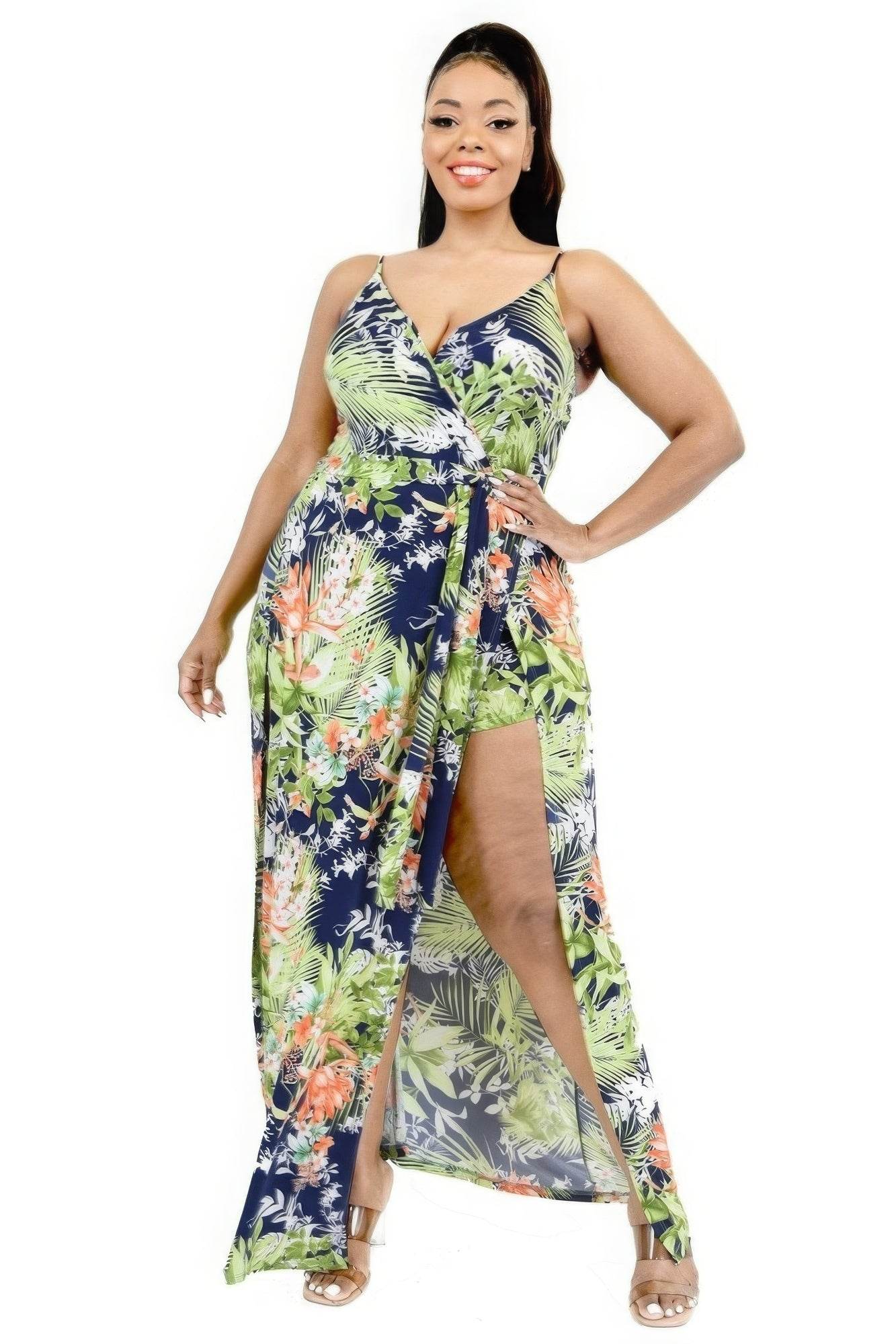 Plus Tropical Leaf Print Surplice Maxi Dress - DaTrendStore.Com