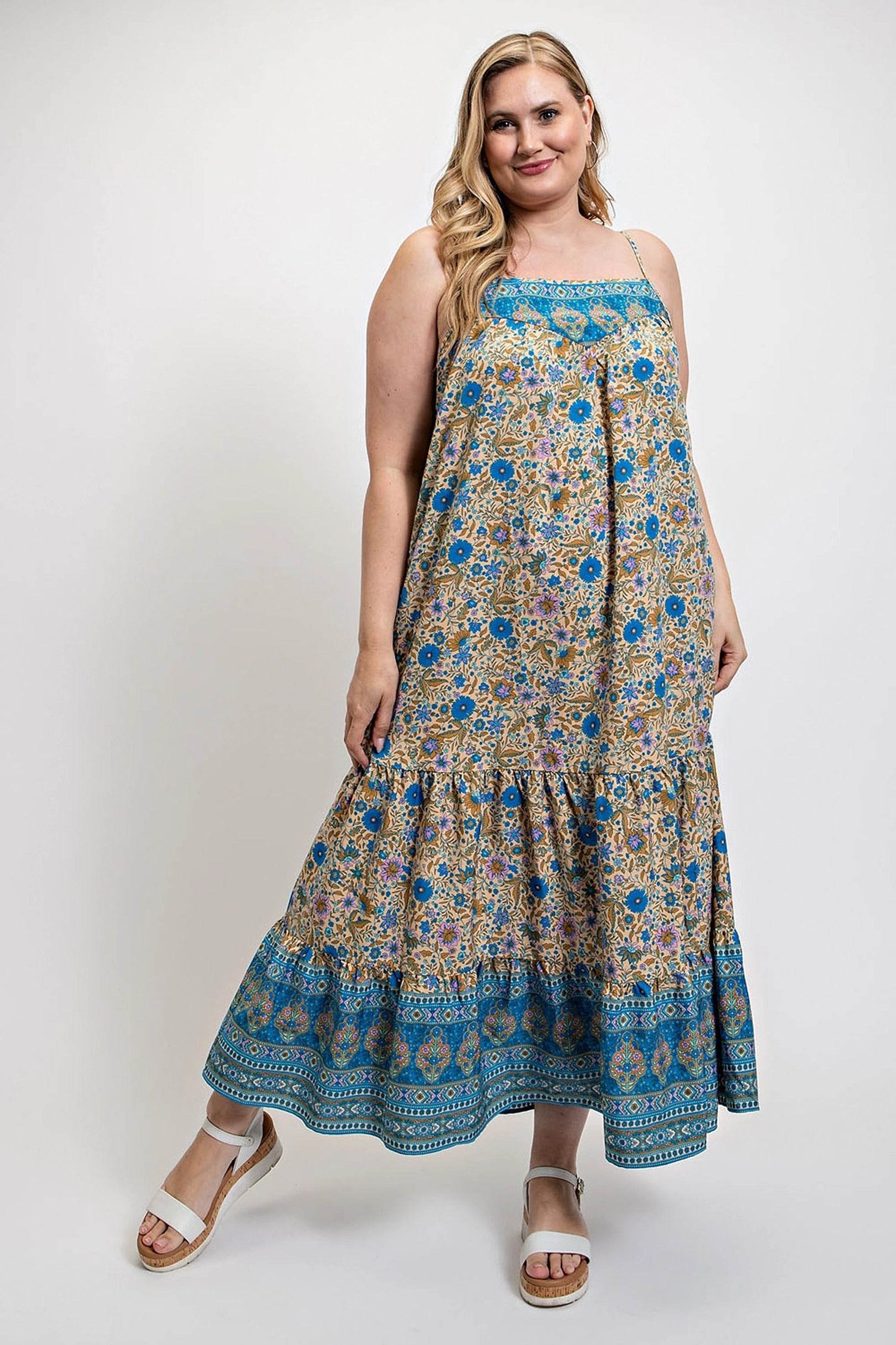 Floral And Aztec Print Drop Down Maxi Dress With Spaghetti Strap - DaTrendStore.Com