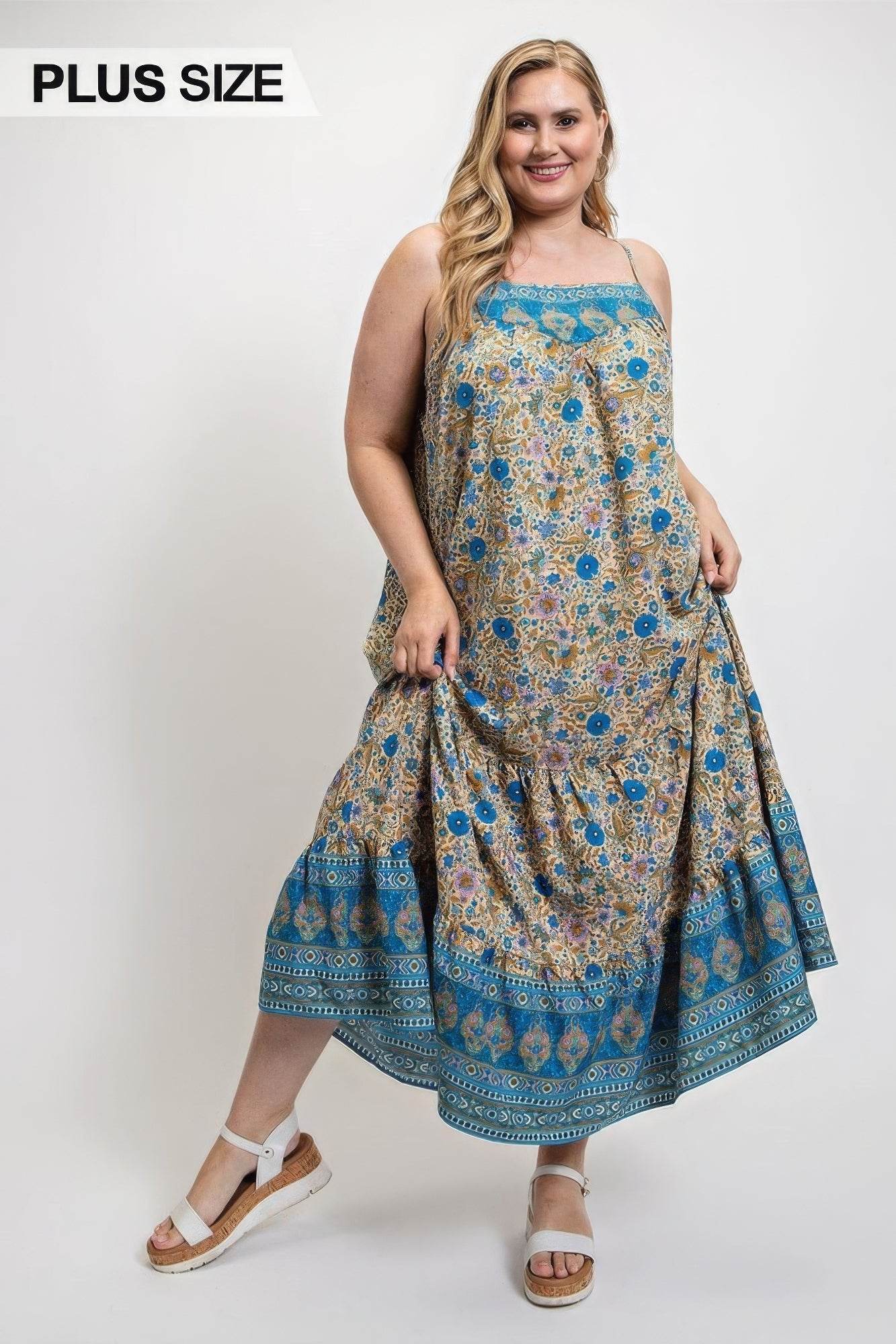 Floral And Aztec Print Drop Down Maxi Dress With Spaghetti Strap - DaTrendStore.Com