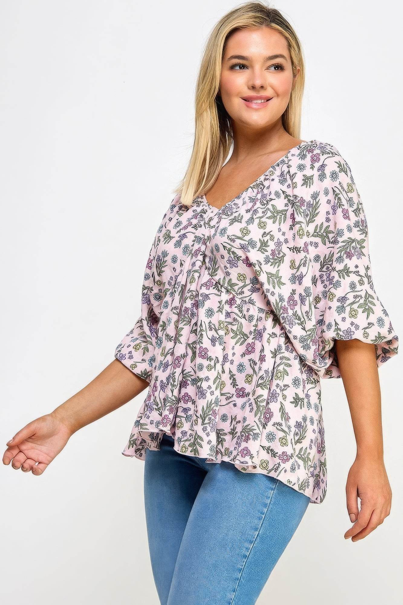 Floral V-neck Babydoll Balloon Slv Top - DaTrendStore.Com