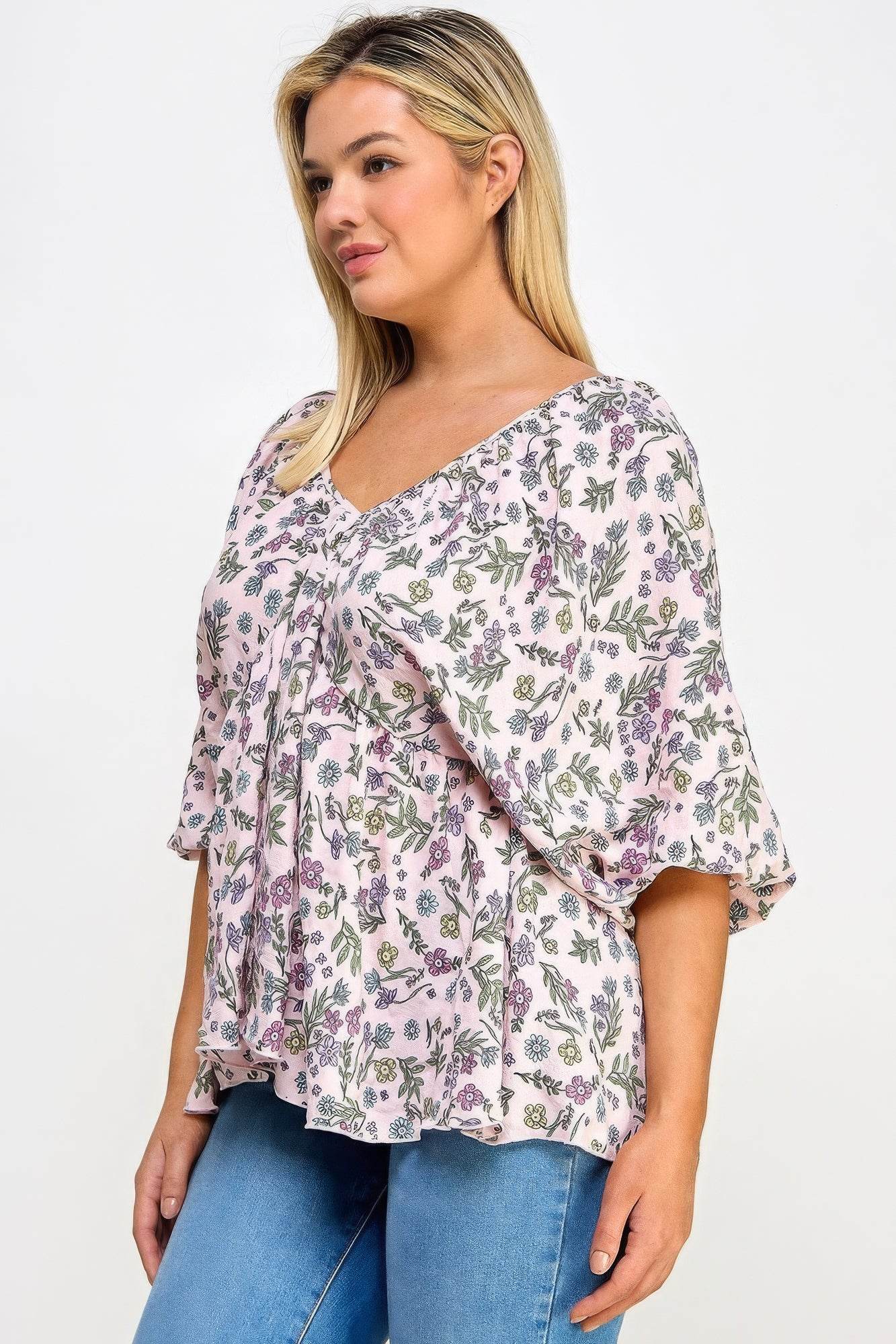 Floral V-neck Babydoll Balloon Slv Top - DaTrendStore.Com