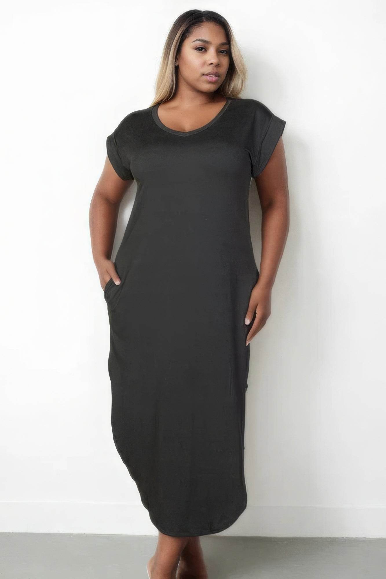 Plus Size Hidden Pocket Batwing Sleeve V Neck Long Dress - DaTrendStore.Com
