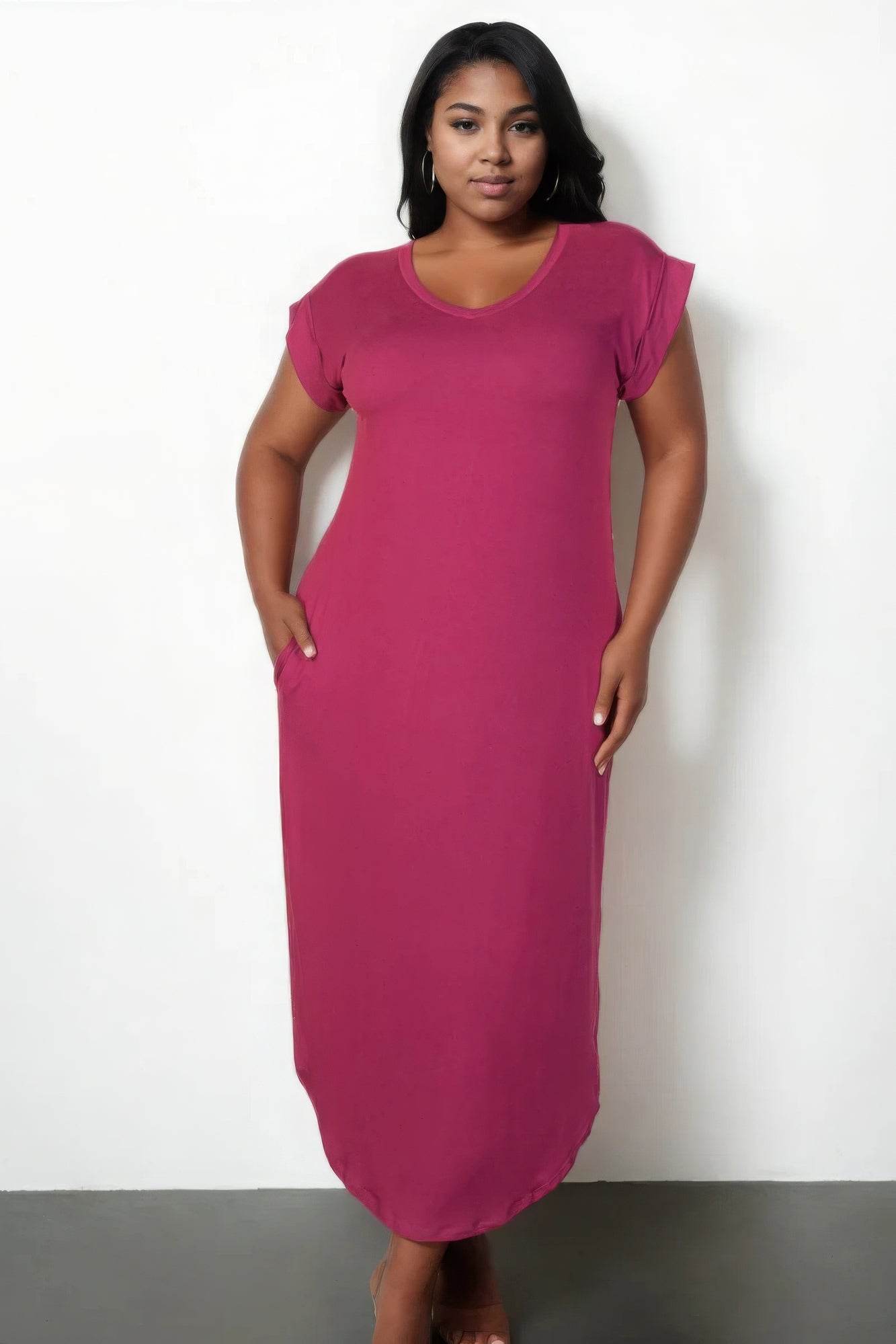 Plus Size Hidden Pocket Batwing Sleeve V Neck Long Dress - DaTrendStore.Com