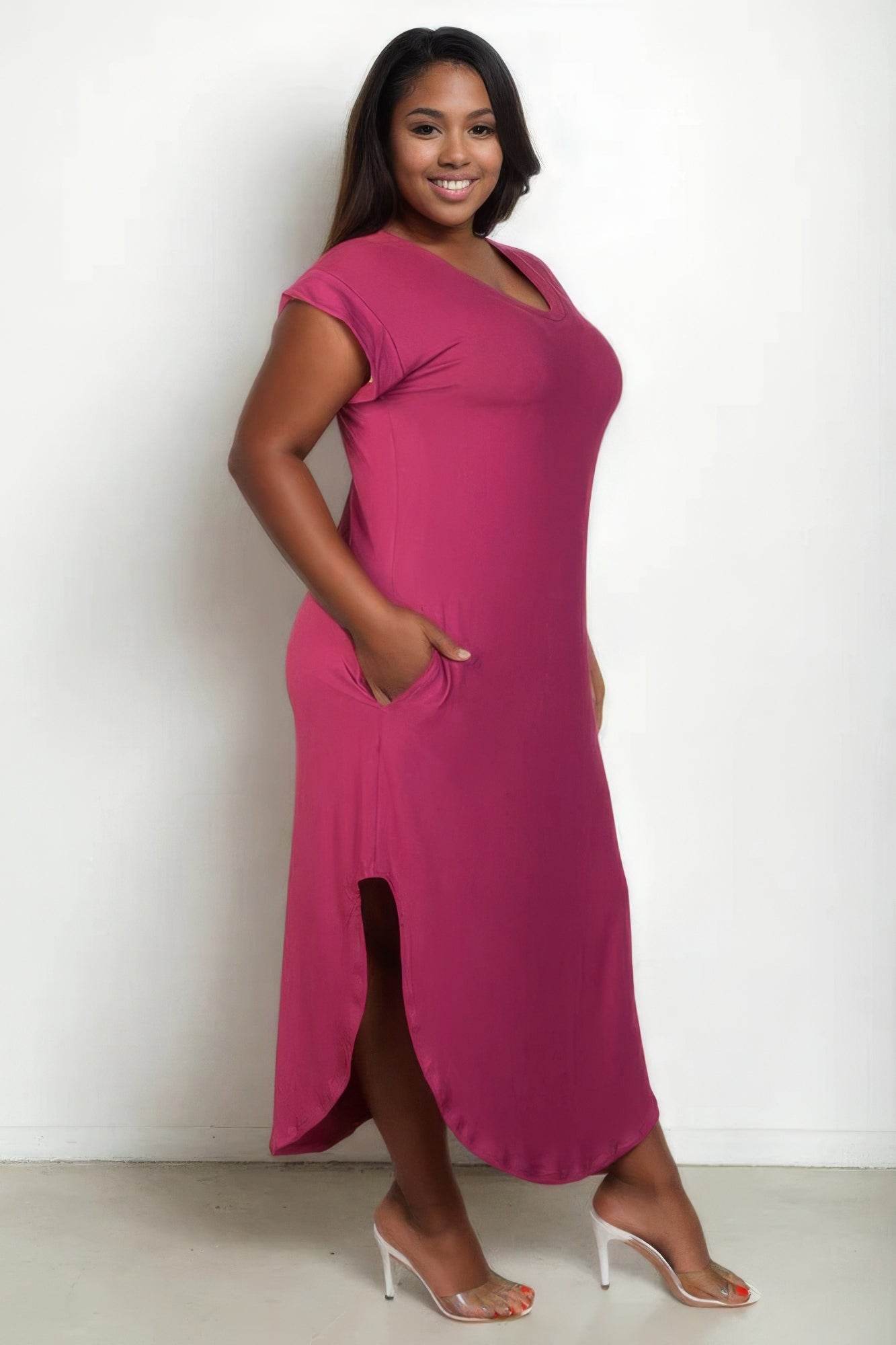 Plus Size Hidden Pocket Batwing Sleeve V Neck Long Dress - DaTrendStore.Com